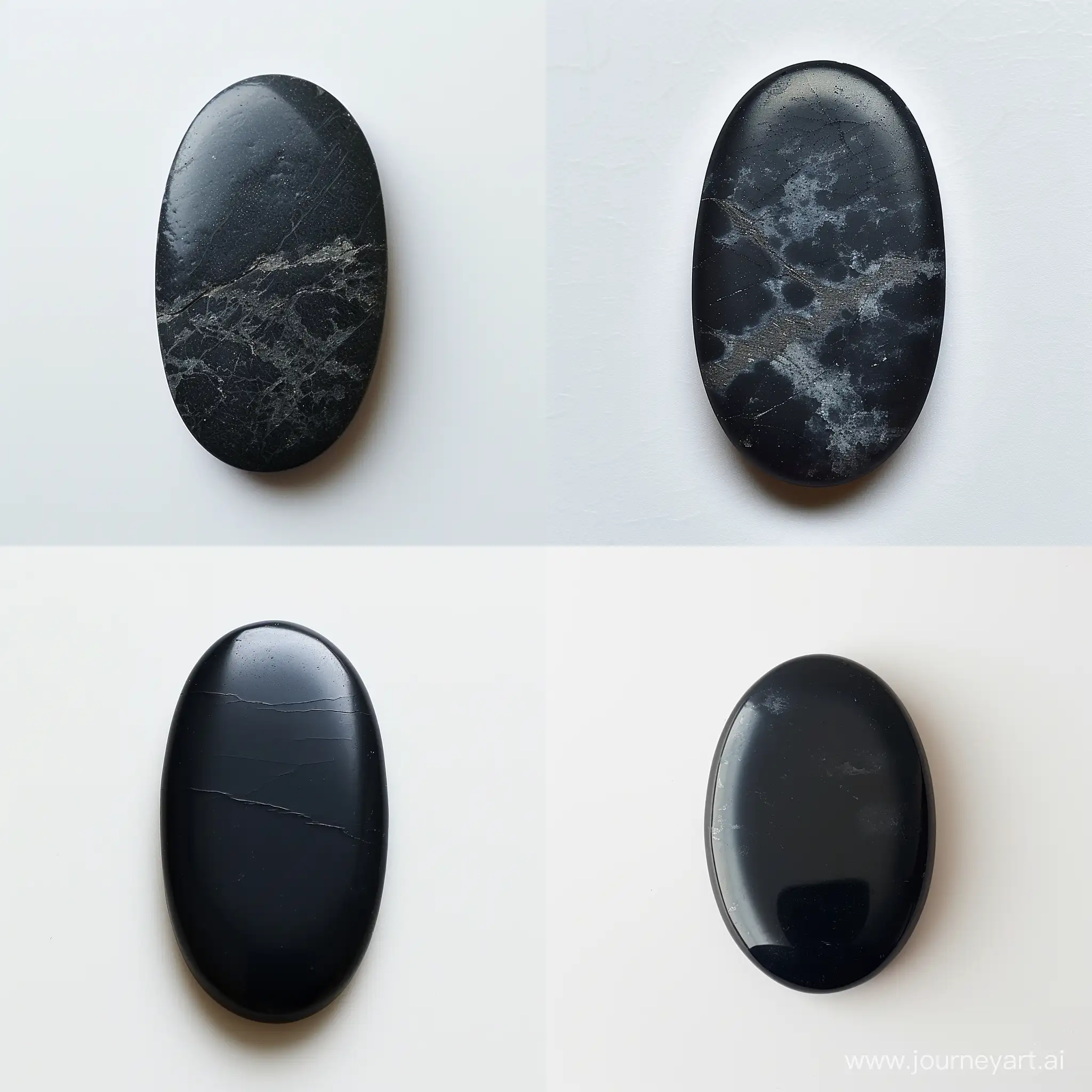 Beautiful stone one piece of oval shape dark black color matte texture monochrome slightly elongated horizontally polished cabochon of medium size on a white background view of the stone from above on a light background