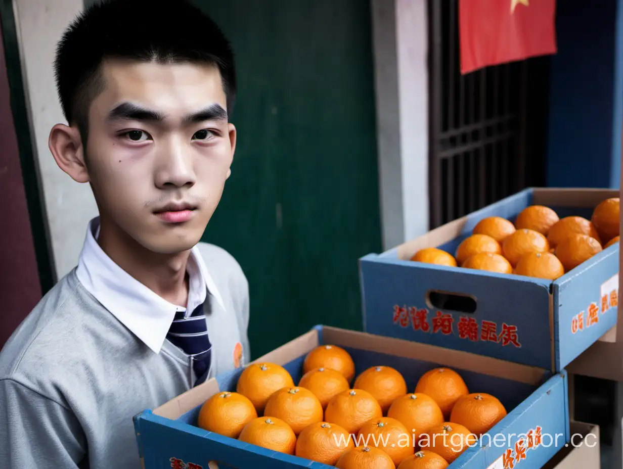 一个眉毛很粗的中国男初中生在推销橘子