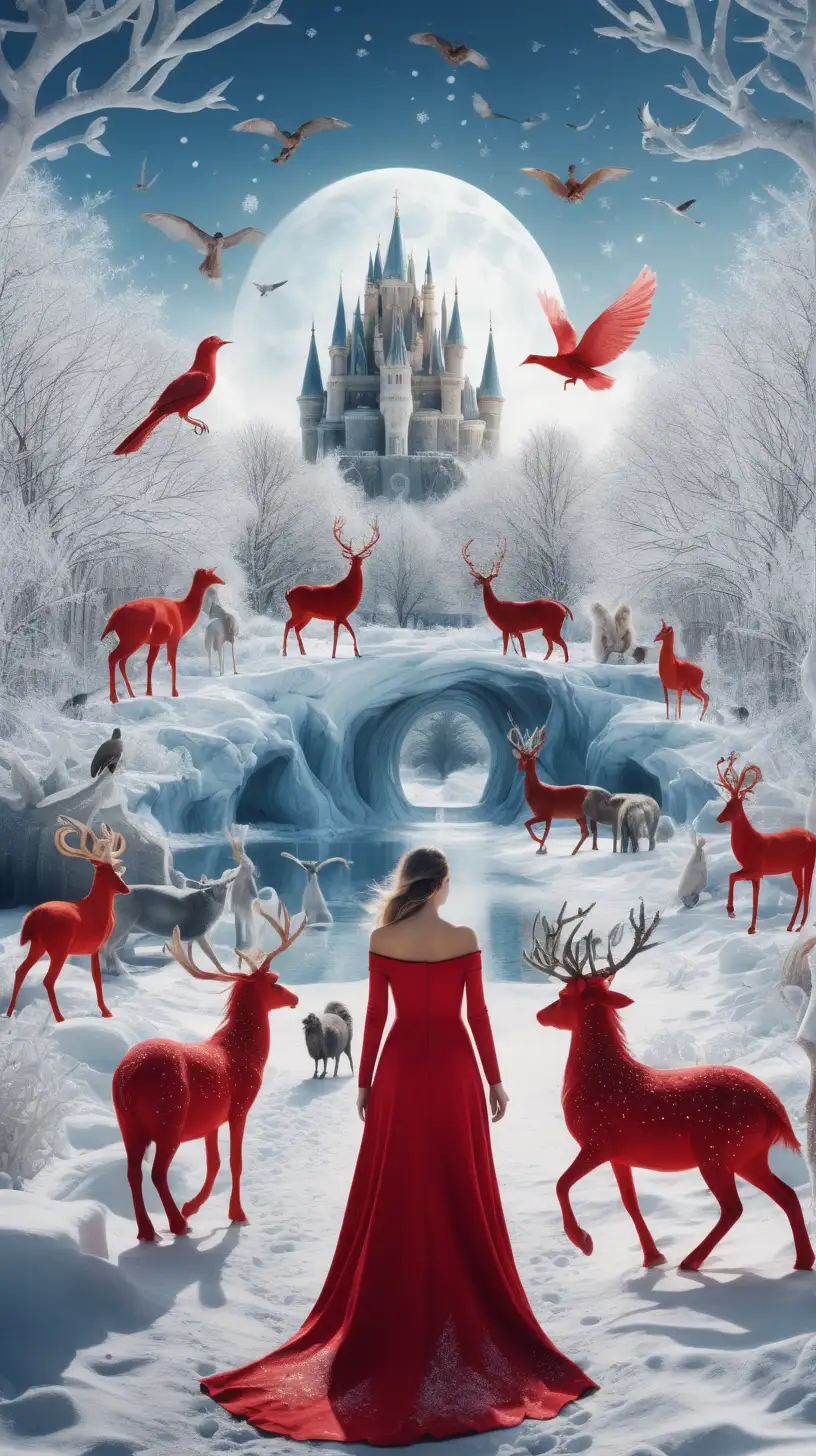 woman in red dress walking in winter wonderland with magical creatures watching her
