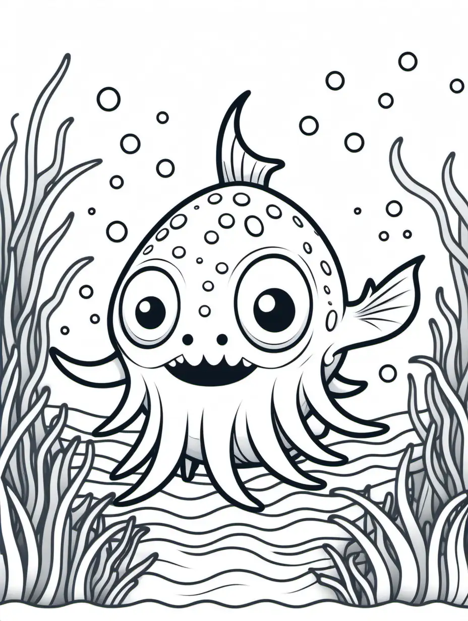 can you create a cute underwater monster for a kids themed coloring book page, no colors, no black infill, no grey infill, thin lines, high dof, 8k, ar 85:110, Simple line art, One line, line art, Clean and minimalistic lines, Simple detail Minimalism Line drawing, fun child friendly background, low detail