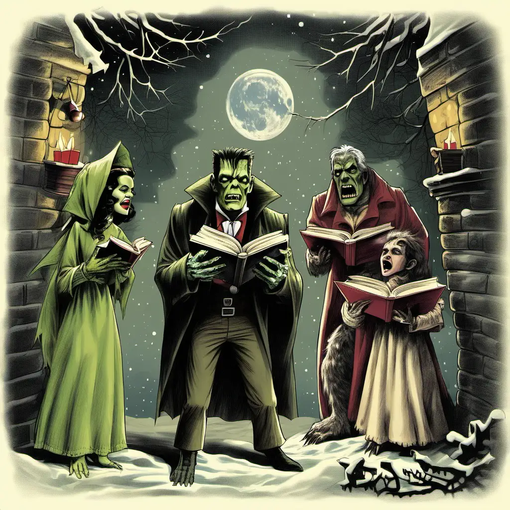 Classic Monsters Celebrating Christmas with Carol Singing