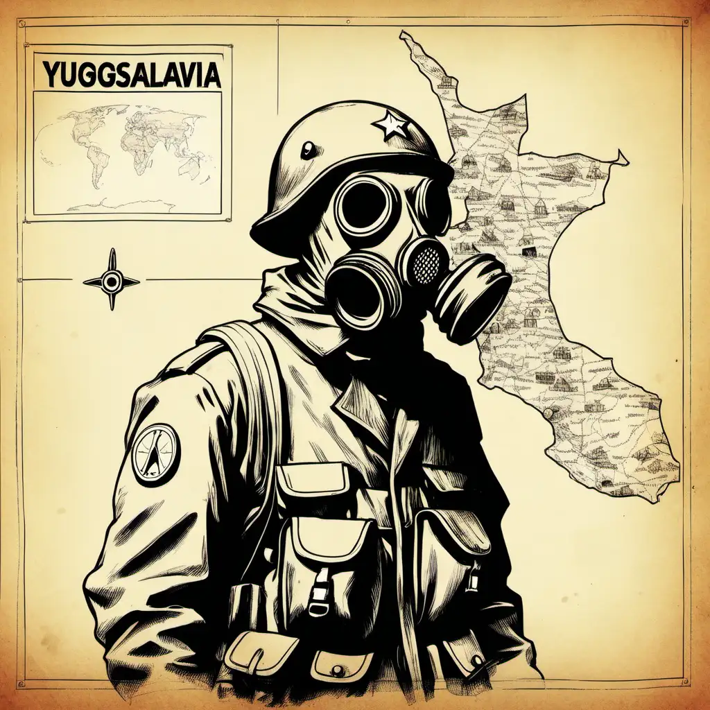 Yugoslavia map with gas mask soldier sketch