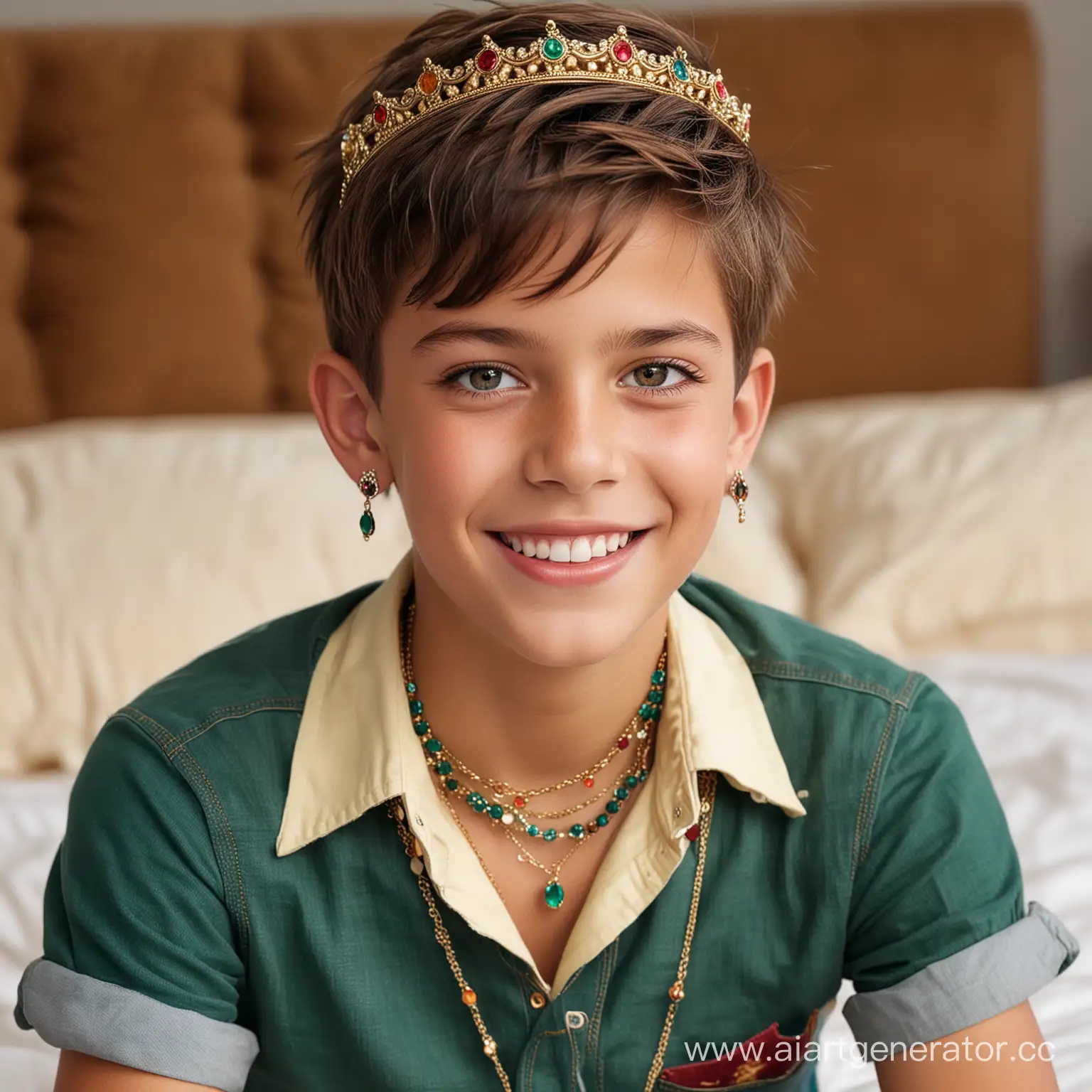 Joyful-10YearOld-Boy-in-Fashionable-Outfit-with-Gemstone-Accessories-on-Plush-Bed