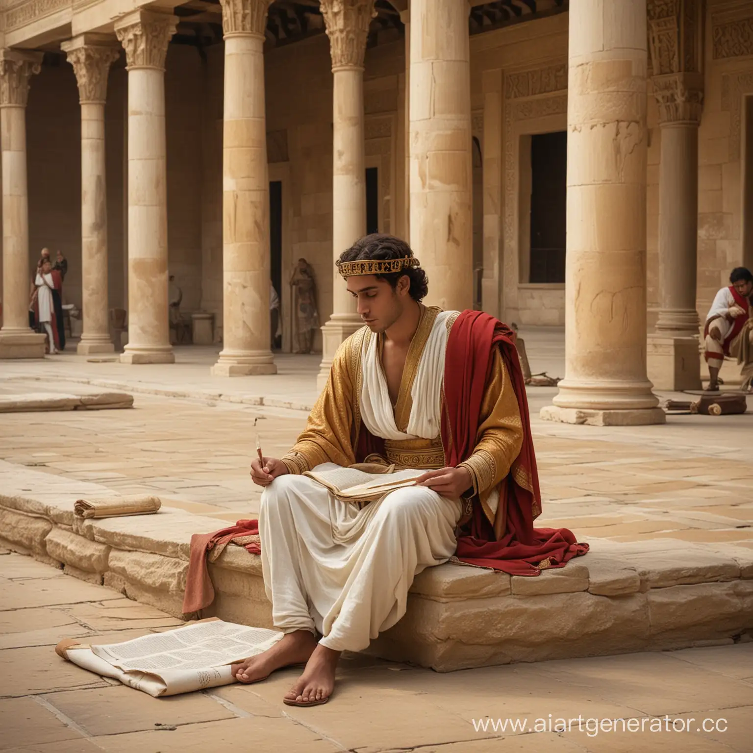 Молодой царь Соломон, сидит во дворе дворца, пишет на свитках, взгляд задумчивый