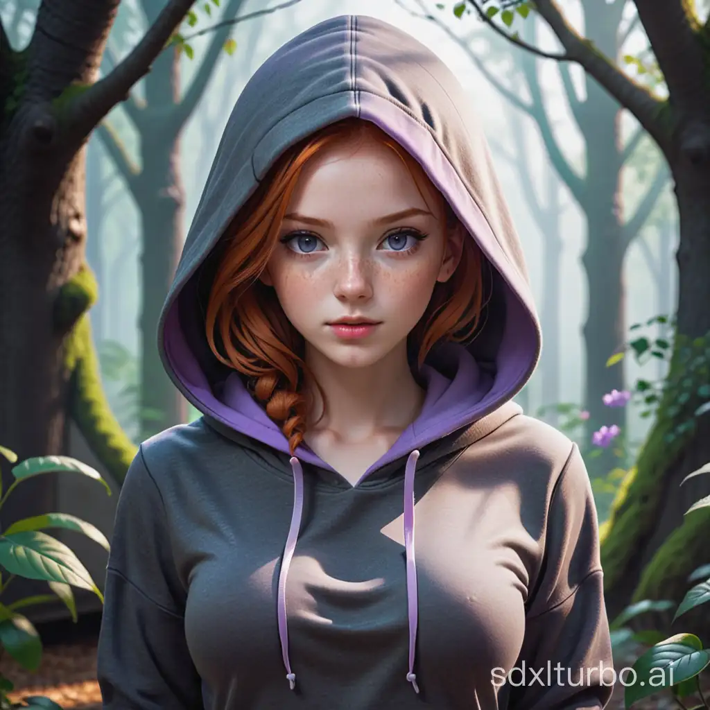 an android girl with ginger hair, freckles, lilac eyes wearing a dark grey hoodie, leggings, with the hood up in a fantasy setting