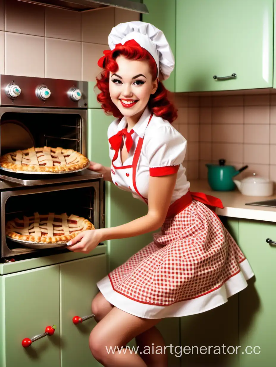 реалистично милая игривая девушка улыбается пин-ап на кухне печёт пирог яблоки духовка