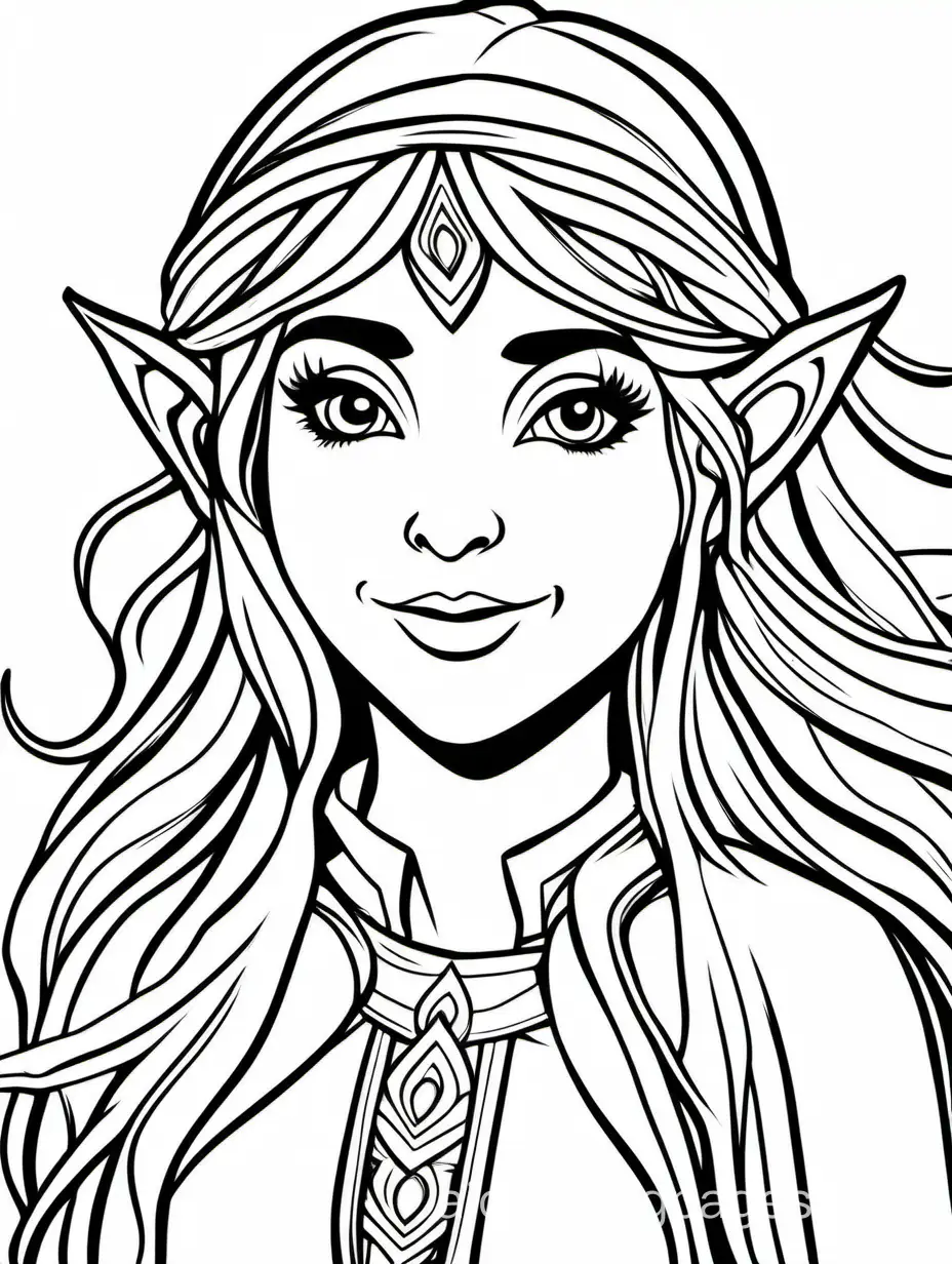 a female elf with long hair and bangs, Coloring Page, black and white, line art, white background, Simplicity, Ample White Space. The background of the coloring page is plain white to make it easy for young children to color within the lines. The outlines of all the subjects are easy to distinguish, making it simple for kids to color without too much difficulty