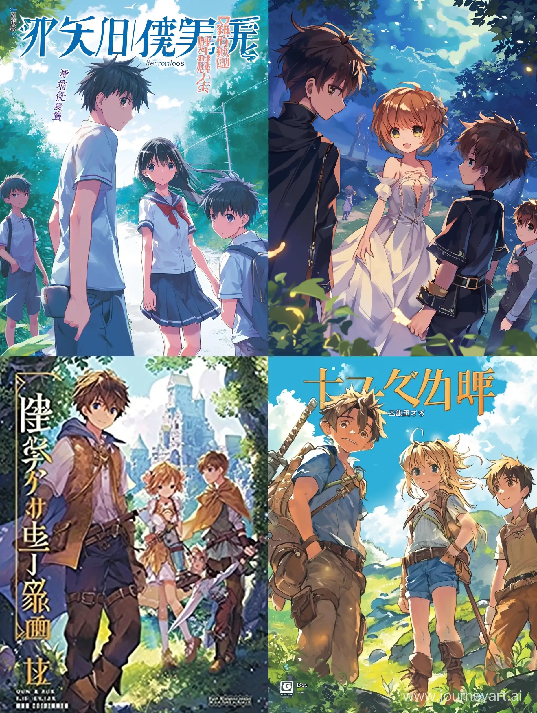A cover for a light novel, fantasy world, boy and girl, two boys near, anime style.