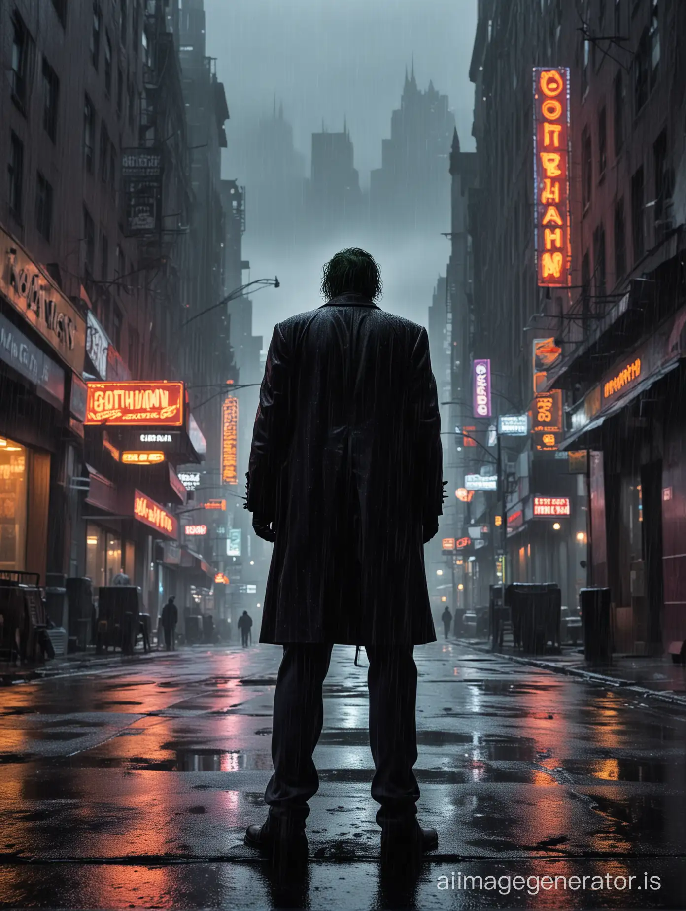 The Joker silhouetted against a rain-slicked Gotham skyline, neon signs casting ominous colors.