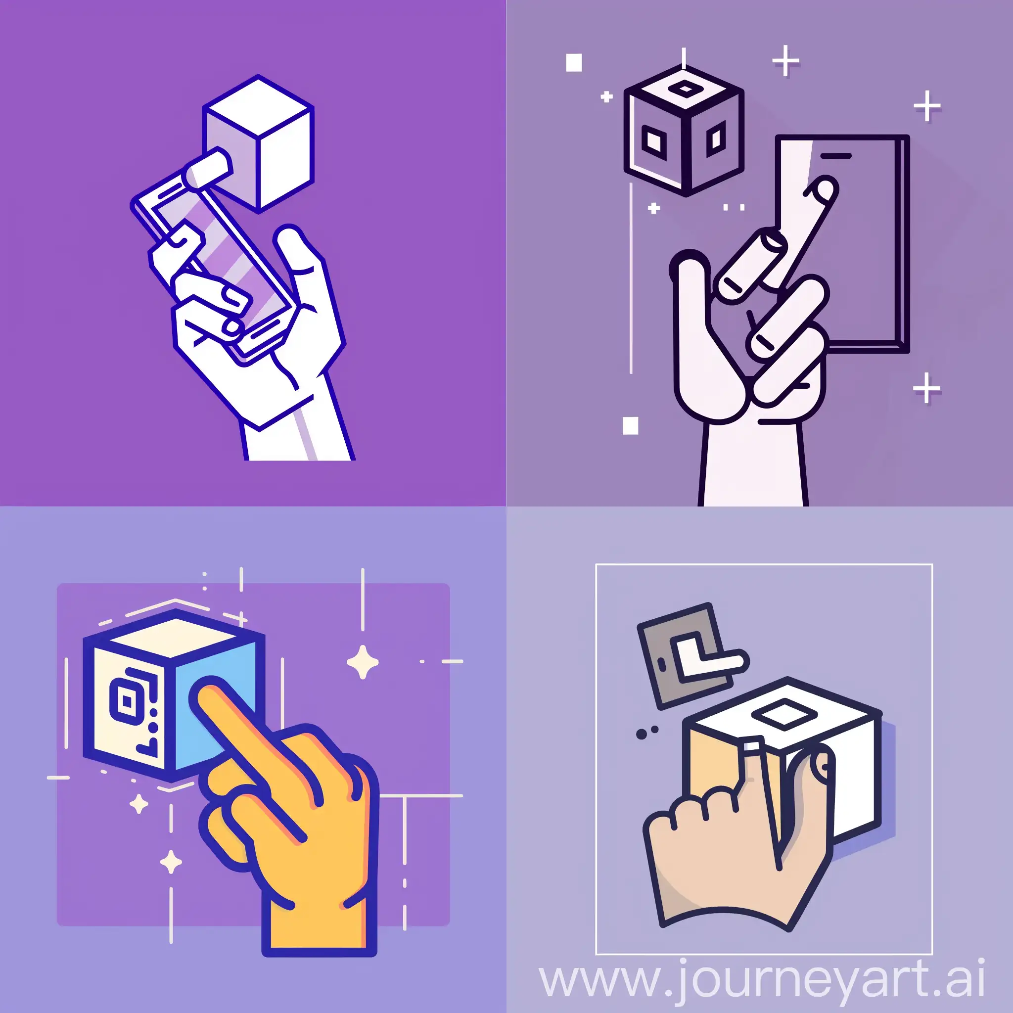 логотип на фиолетовом фоне контур рука с телефоном наведенная на куб