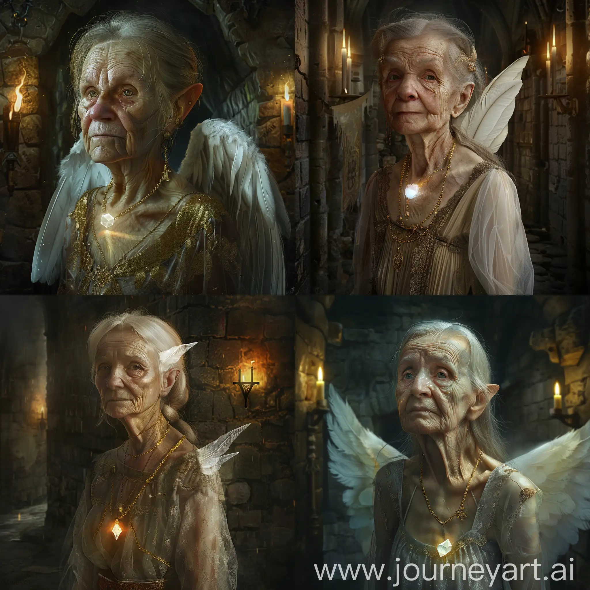 portait of 45-years old slavic girl with wrinkles, blonde hair, glowing small crystal on a gold chain around her neck, white wing on her back, transparent dress, medieval castle, walls, darkness, torches, dark fantasy