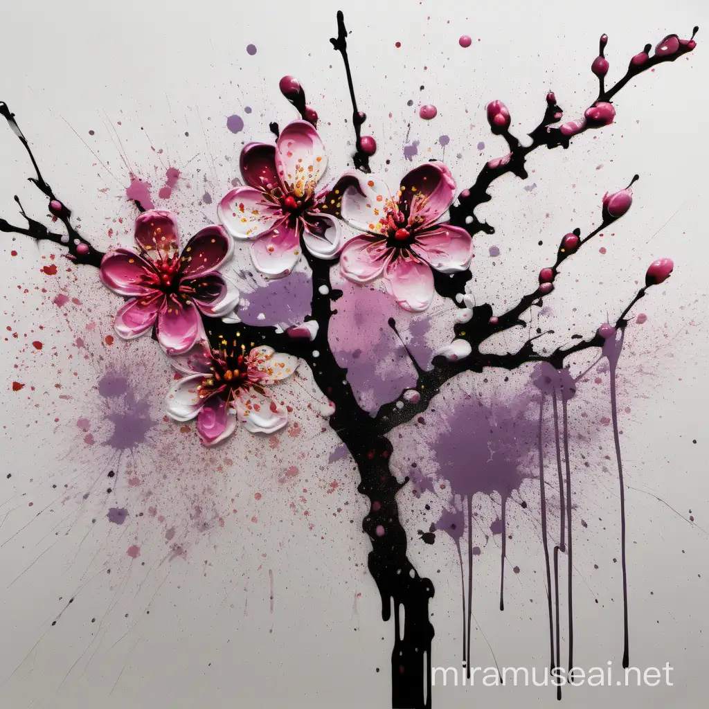 Vibrant Plum Blossom Painting with Colorful Paint Splatters