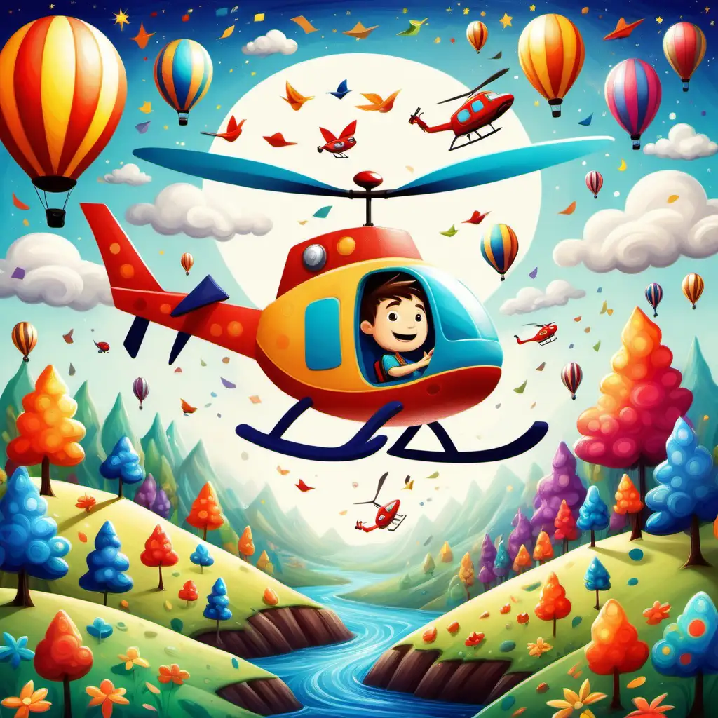 "Create a whimsical and colorful design featuring their favorite , BOY, flying helicopter , vibrant landscapes, or imaginative characters, sparking joy and creativity