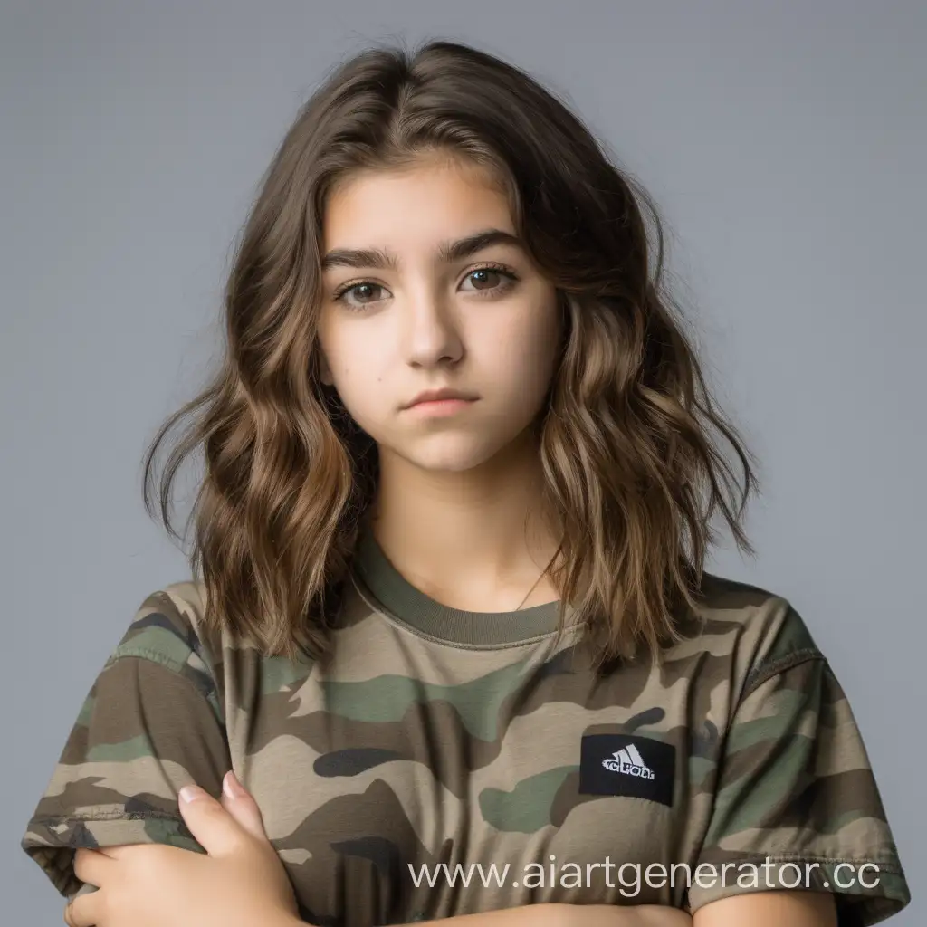 Serious-Young-Woman-in-Camouflage-TShirt