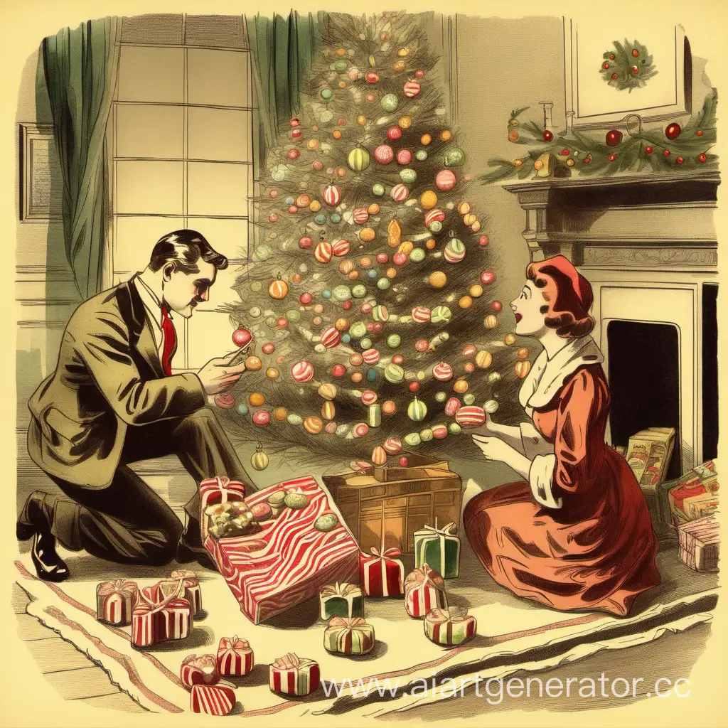 Мужчина и женщина едят конфеты у Рождественской ёлки, винтажный цветной рисунок 