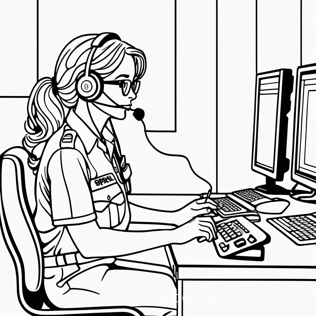 911 dispatcher, Coloring Page, black and white, line art, white background, Simplicity, Ample White Space. The background of the coloring page is plain white to make it easy for young children to color within the lines. The outlines of all the subjects are easy to distinguish, making it simple for kids to color without too much difficulty