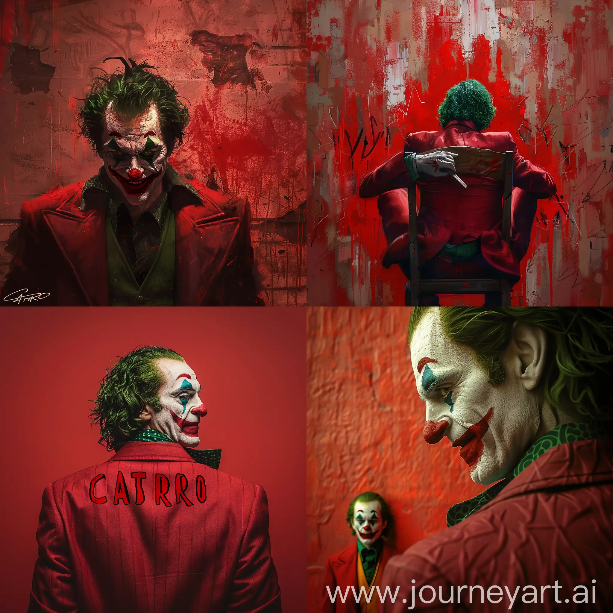 The joker seting and his behind is red wall with nikname CastRo are coming