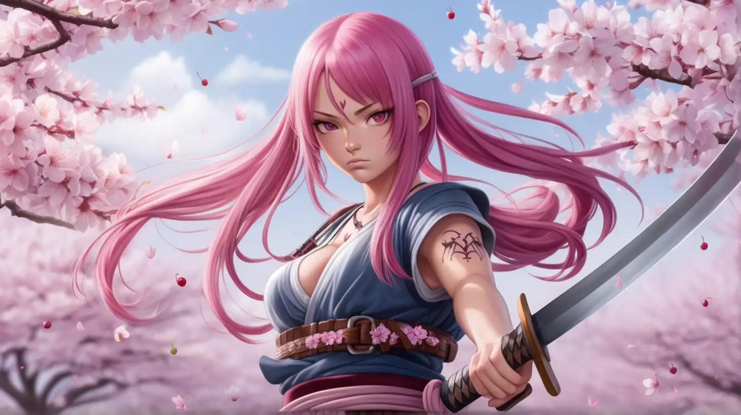 Femme au cheveux rosé
C'est une guerriere qui porte un katana à la ceinture 
Elle est déterminé, c'est une seigneur de guerre au regard froid 
De fleur de cerisier l'entoure 
Elle est inspiré de Erza de fairy tail et de la medieval fantasy
