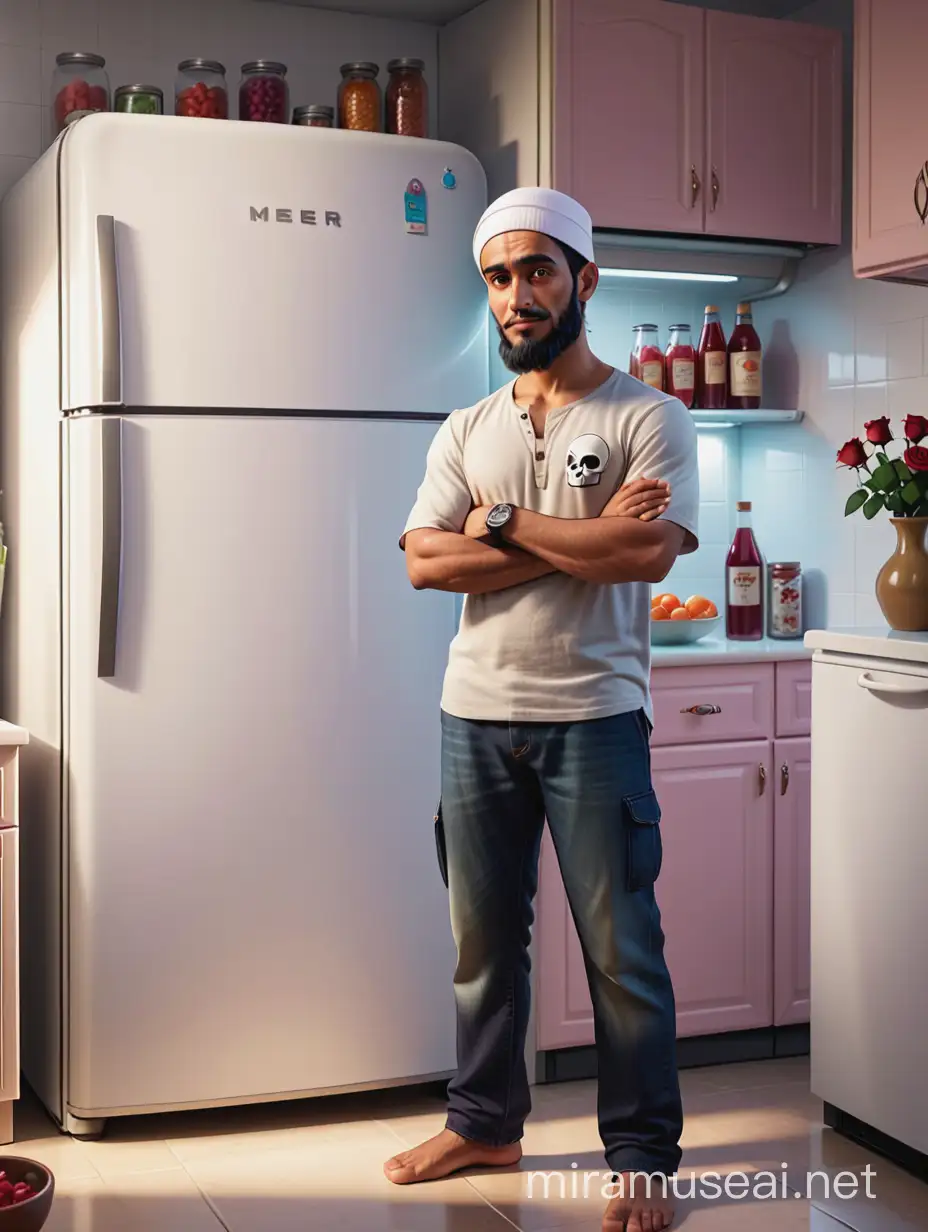 Create a Disney Pixar cartoon of a muslim man 30 years age wearing muslim skull cap standing near fridge, knife and rose in his hand