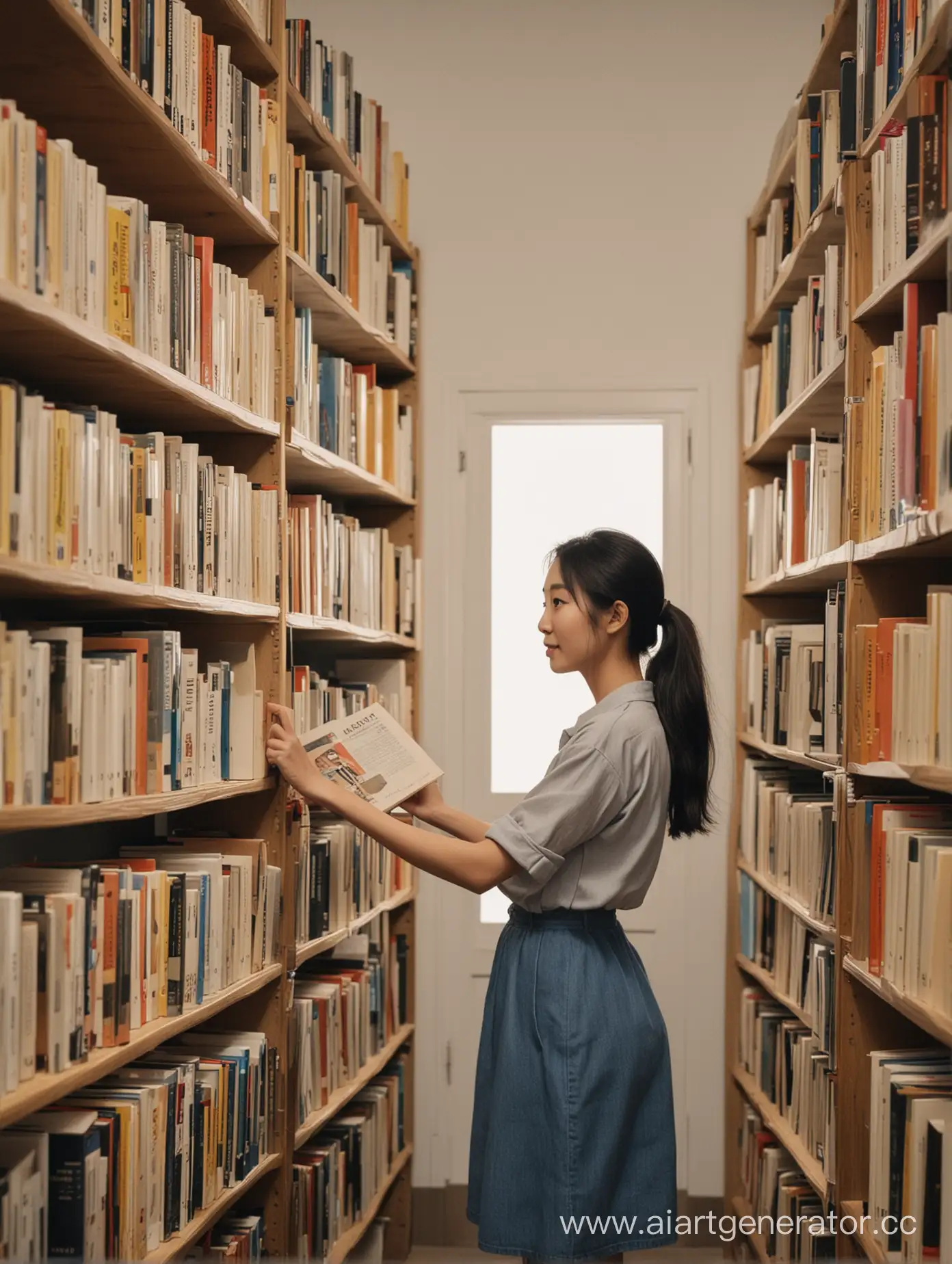 Женщина азиатской внешности берёт книгу на книжной полке.