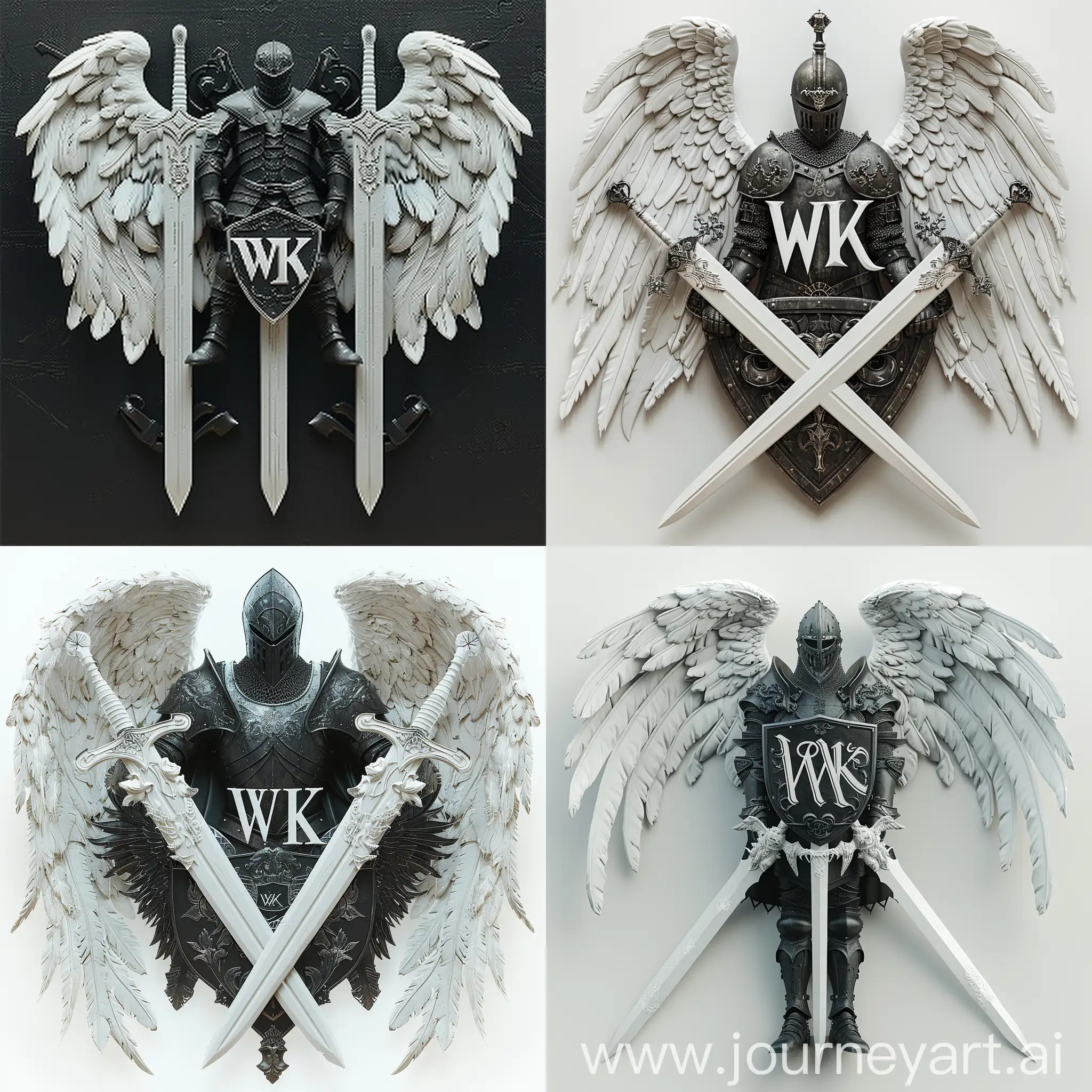 Реализм, 8K, V-ray, логотип "WK", где буквы "WK" стилизованы в форме двух переплетающихся мечей с орнаментами на лезвиях, белые мечи, белые крылья, между мечами изображен черный рыцарь в боевой позе держащий в руках щит и меч, рыцарь представлен в доспехах с символикой, отражающей его мощь и благородство, цветовая гамма белый мечи, черный рыцаря, готический шрифт "WK" в форме мечей, --quality 3 --s 300
