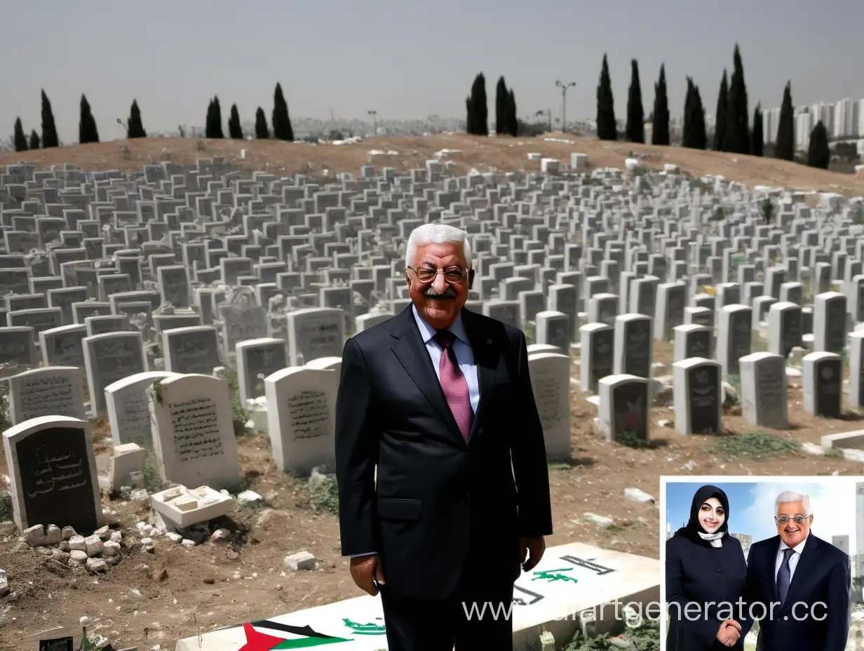 Махмуд Аббас улыбается на фоне кладбища с мертвыми Палестинскими детьми и сверху над ним виднеется надпись: 2024!