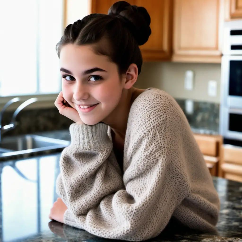 14yo girl leaning over granite countertop, sweater, cleavage, dark hair in loose bun, mischevious smile