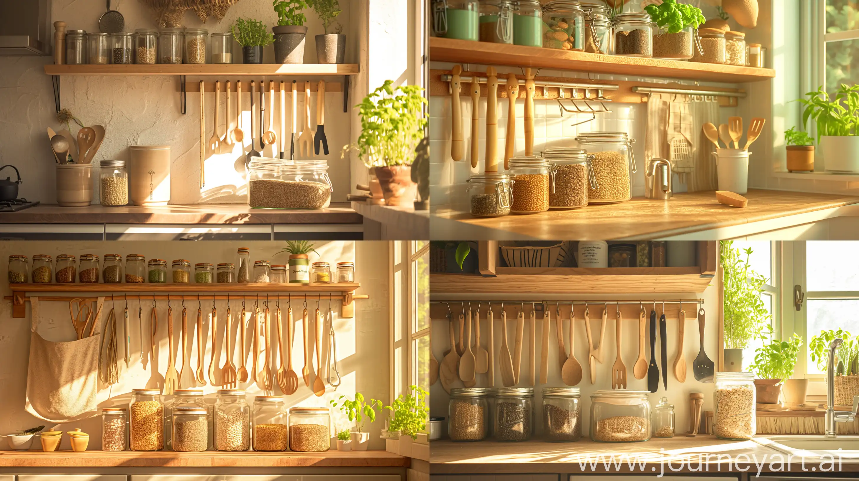 /imagine prompt: A zero-waste kitchen setup featuring bamboo utensils hanging on a reclaimed wood rack, mason jars filled with bulk grains and pulses neatly arranged on shelves, a compost bin under the countertop, natural light streaming in from a window with green plants on the sill, creating a warm and inviting atmosphere, Photography, DSLR camera with a 50mm prime lens, f/2.8 aperture, --ar 16:9 --niji