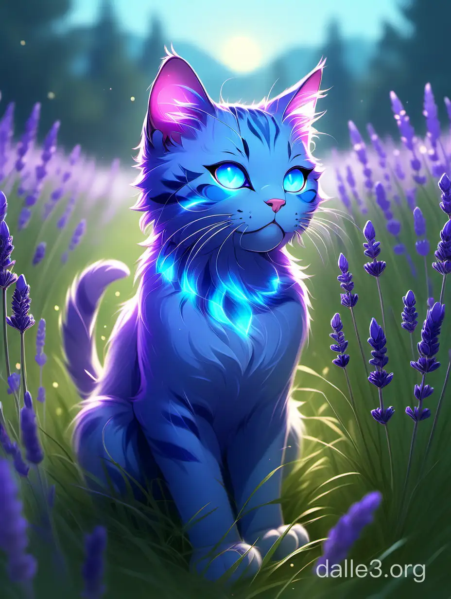 illustration of a glowing cute blue cat in grassy field with lavender, concept art, artstation, warrior cats, hd