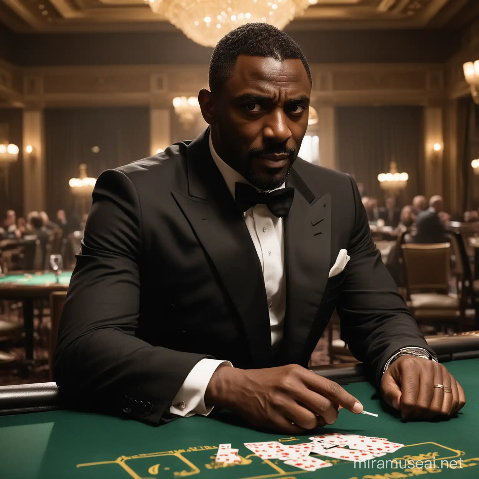 In the dimly lit casino, the camera slowly pans across the elegant room, revealing Idris Elba, impeccably dressed in a tailored tuxedo, seated at a baccarat table. His steely gaze meets the camera with an air of confidence and intrigue as he casually sips a martini, embodying the suave sophistication of James Bond.

Suddenly, the tension rises as Elba's Bond engages in a high-stakes game with a notorious adversary. With each flick of the cards, his charm and intellect are on full display, captivating both his opponents and the audience alike. As the game intensifies, Elba's Bond remains cool and composed, his razor-sharp wit cutting through the tension-filled atmosphere.

Moments later, chaos erupts as the room is engulfed in a flurry of action. Elba springs into action, effortlessly dispatching his foes with precision and finesse. In a heart-pounding chase sequence, he navigates through the labyrinthine corridors of the casino, showcasing his athleticism and agility.

Finally, as the dust settles and the threat is neutralized, Elba's Bond stands tall amidst the wreckage, his signature smirk hinting at the countless adventures yet to come. With a nod to the bartender for another martini, he confidently strides out of the casino, leaving behind a trail of admiration and anticipation for his next mission.