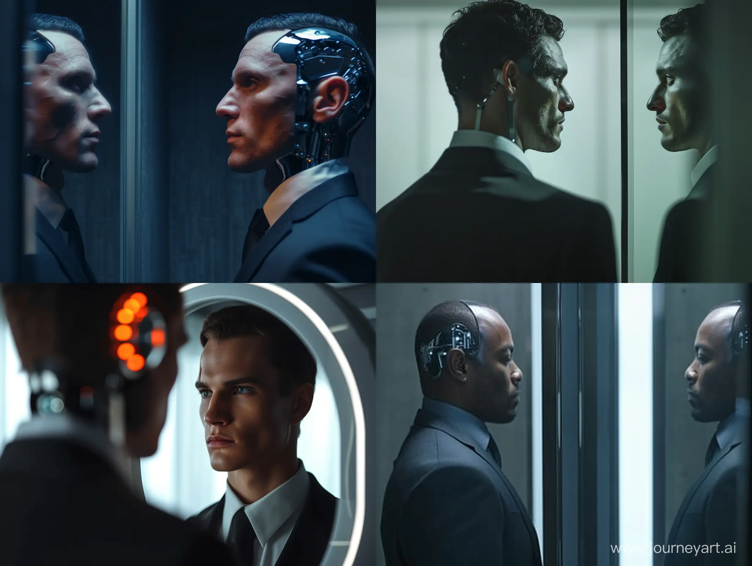 Futuristic-Cyborg-Businessman-Reflecting-in-Wide-Mirror-Shot