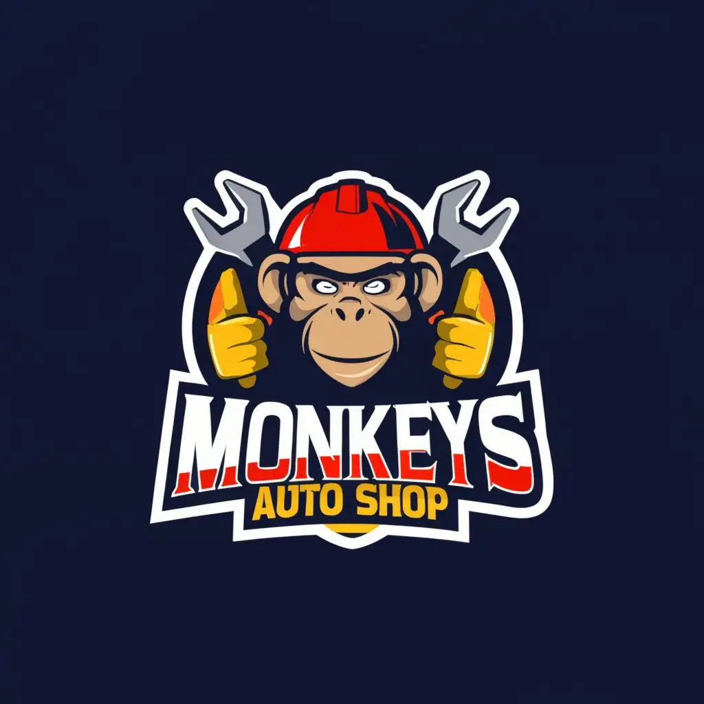 a logo design,with the text "monkeys auto shop", main symbol:monkey helmet wrench,complex,clear background