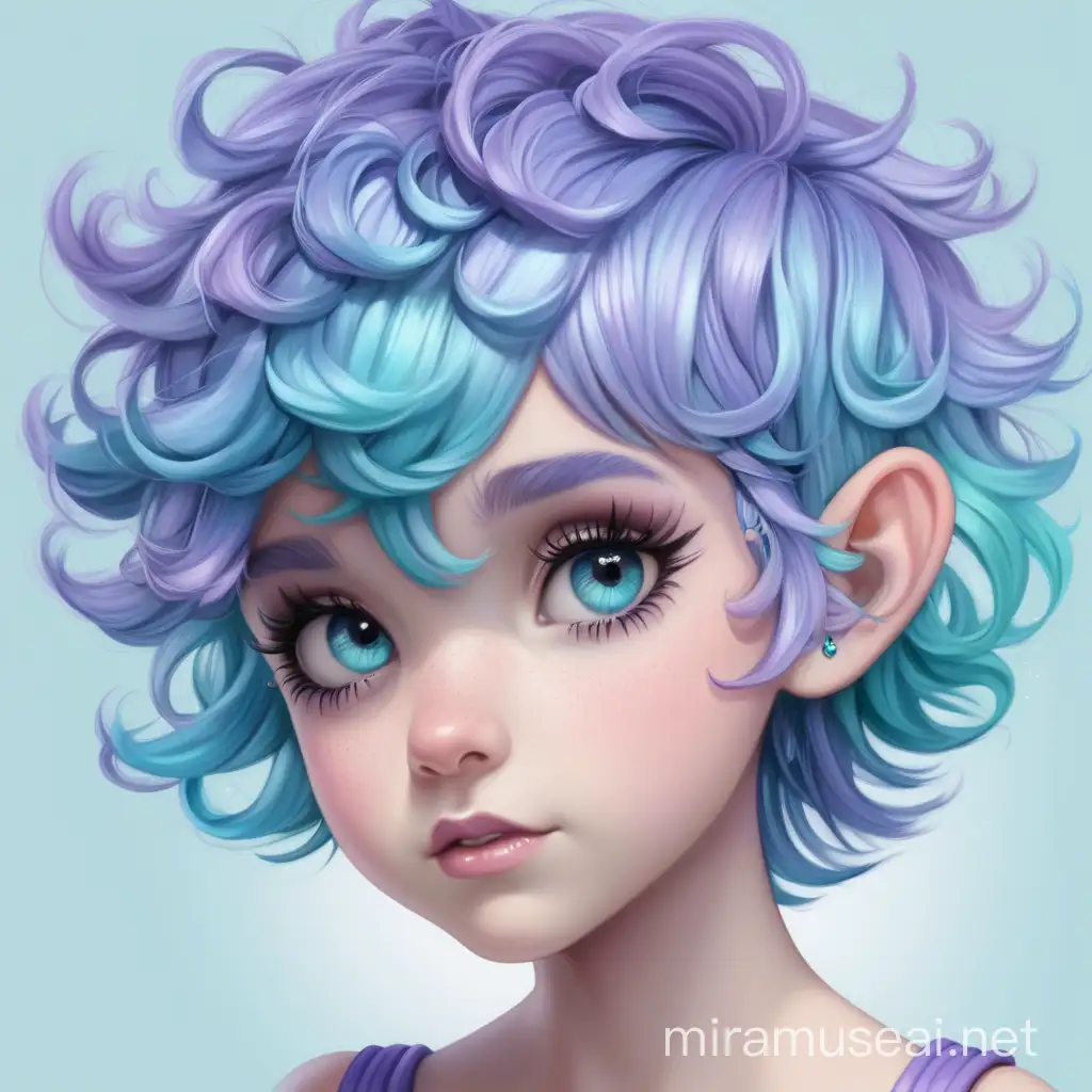 Pixie girl with lavender, blue, and light teal curlt hair