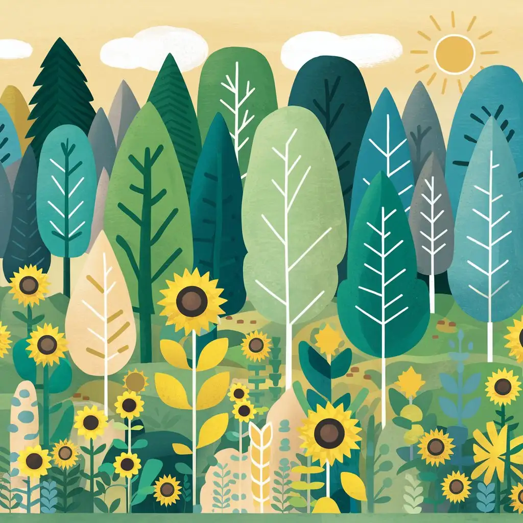 flat illustration, 2d, vector, forest, pastel colors, primary colors are yellow, green