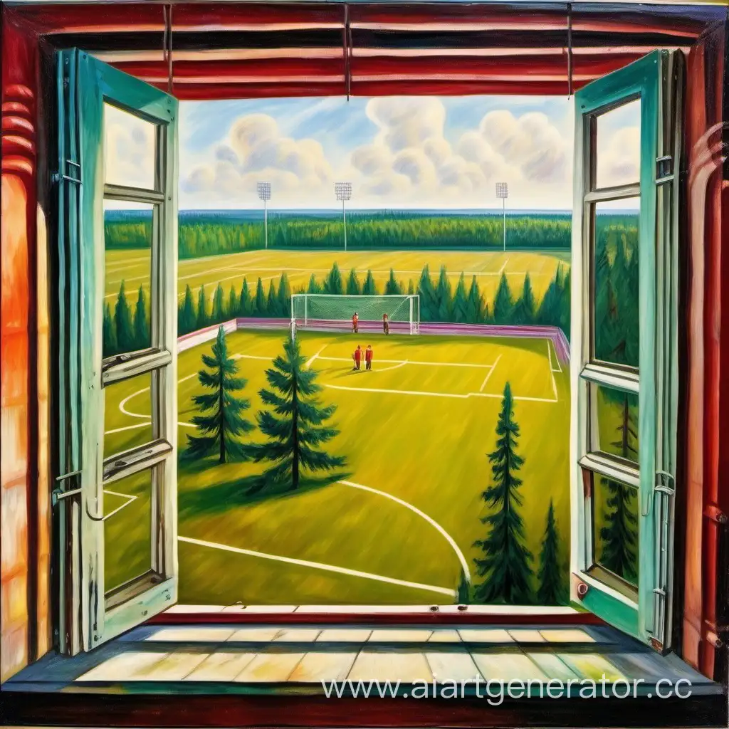 view from the school window, Soviet landscape, football field, tall trees, colorful oil painting, nostalgia, Russia