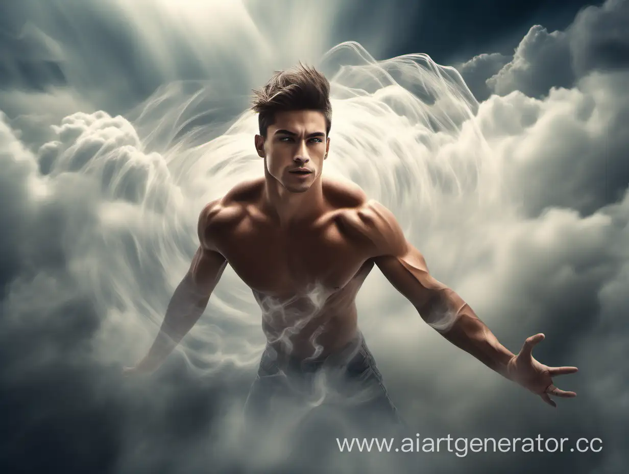 Photographic,absurdres,masterpiece,sharp focus,extreme detail description,male focus,muscular,abs, A surreal image of a cute guy with short hair, surrounded by (whirling air currents), ((floating amidst clouds)), (((look of wonder))), dreamlike ambiance, soft focus.