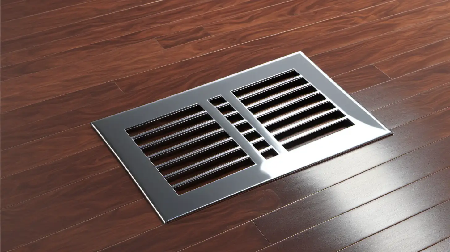 shiny rectangular silver vent on wood floor. make the image lighter and clearer
