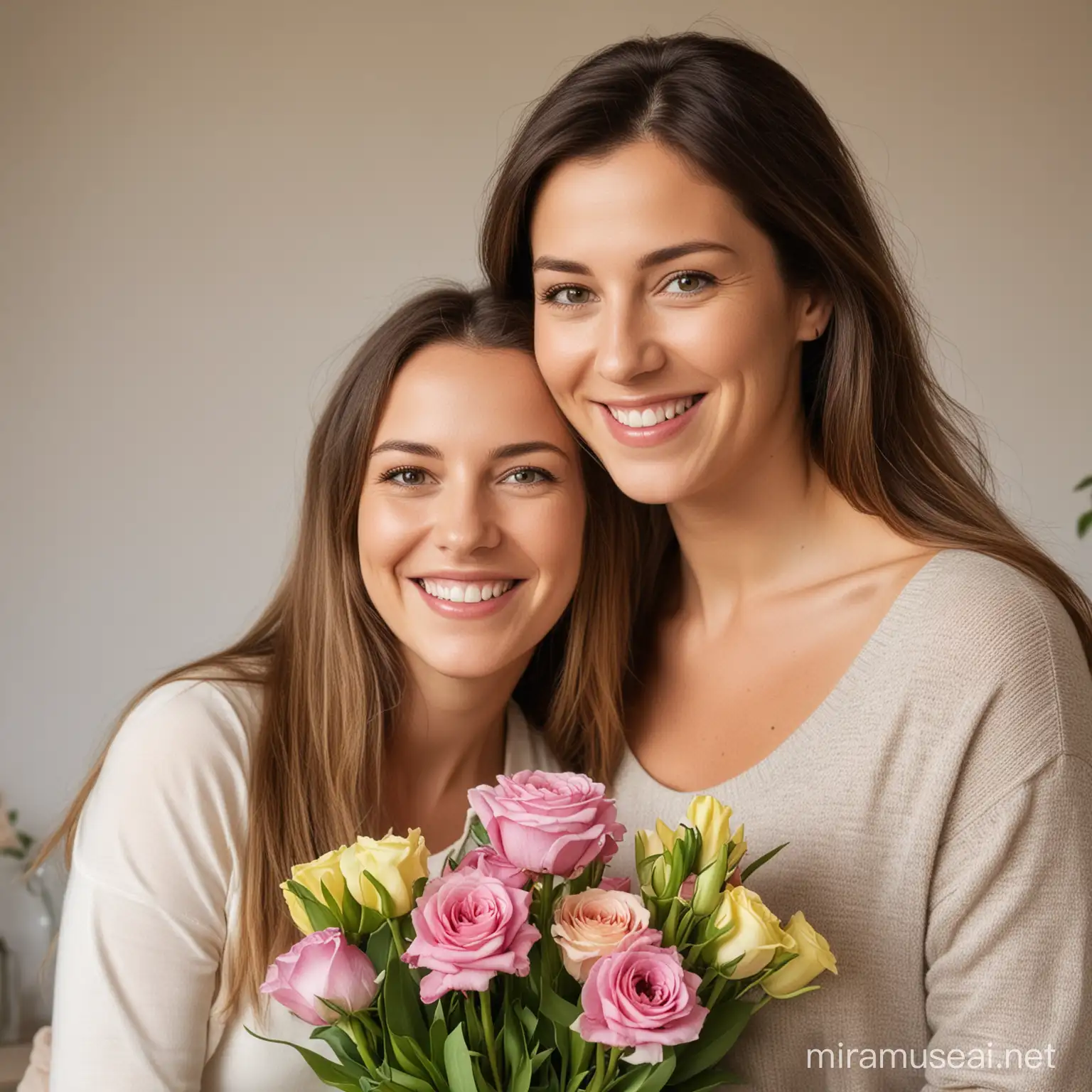 an image of a 40 year old mother and her 20 year old daughter smiling with a vase of flowers in the background 