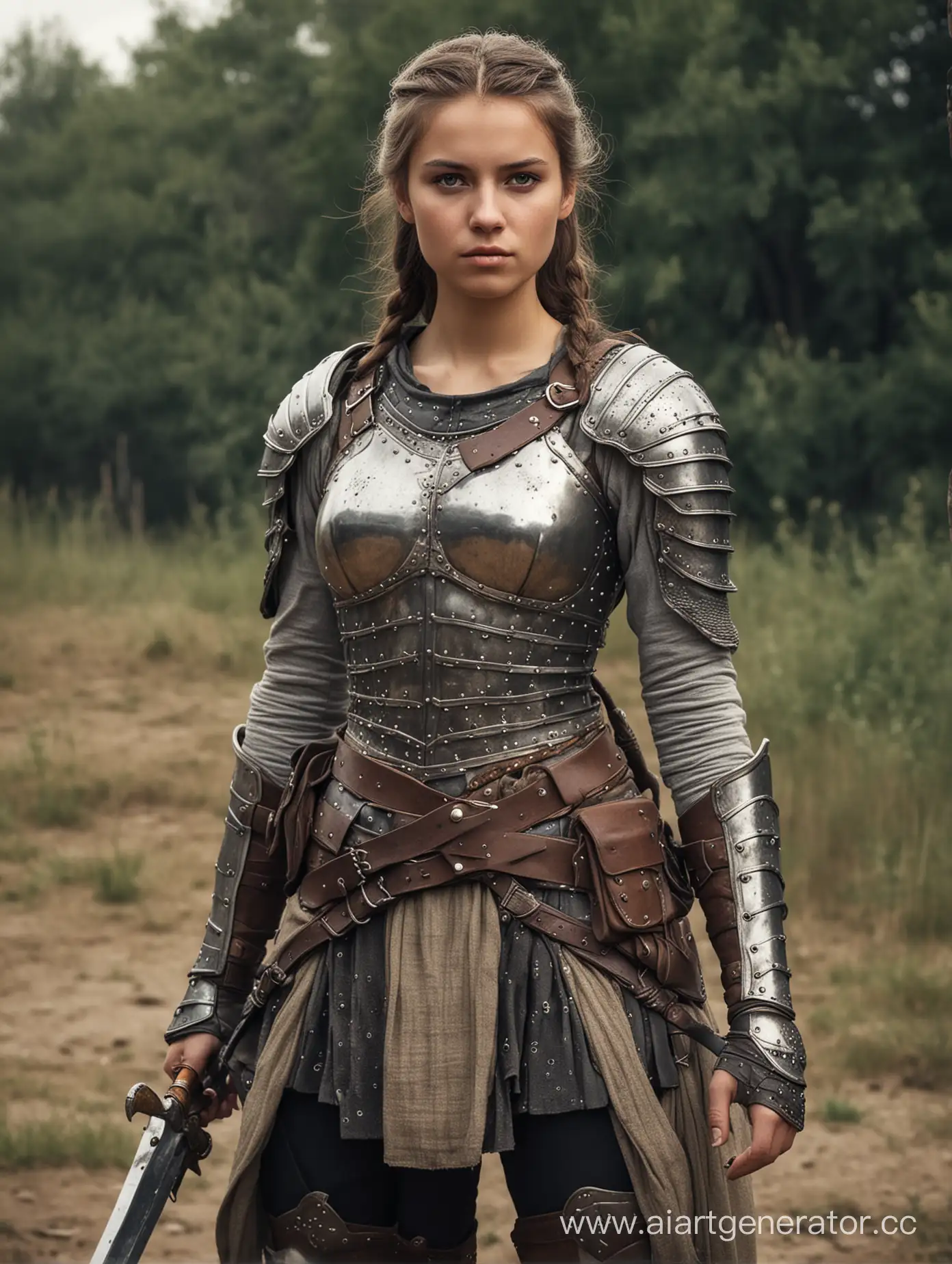 Young-Female-Medieval-Warrior-Rests-After-Battle-in-Weathered-Armor