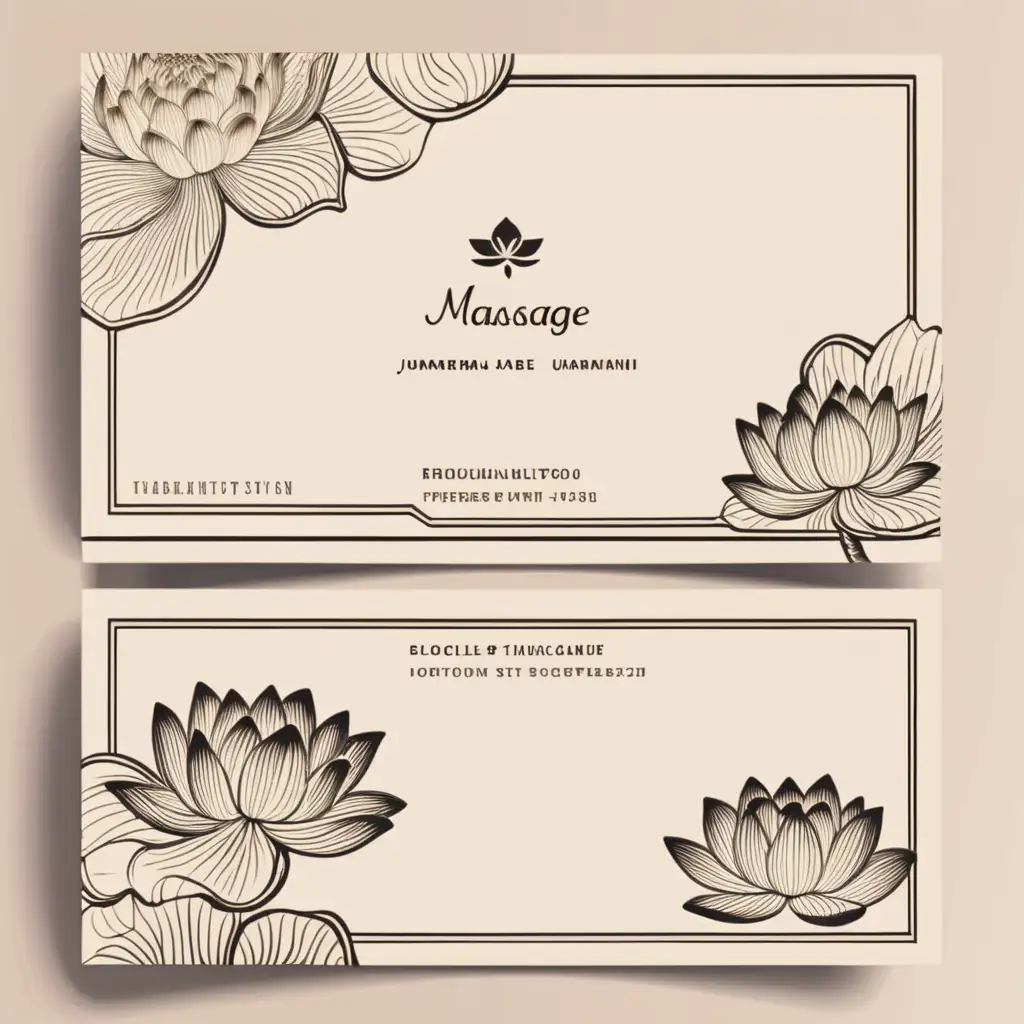 one Business card template for massage therapy,  aesthetic style, blank page, no text, frontal view, vintage style, lotus flower symbol