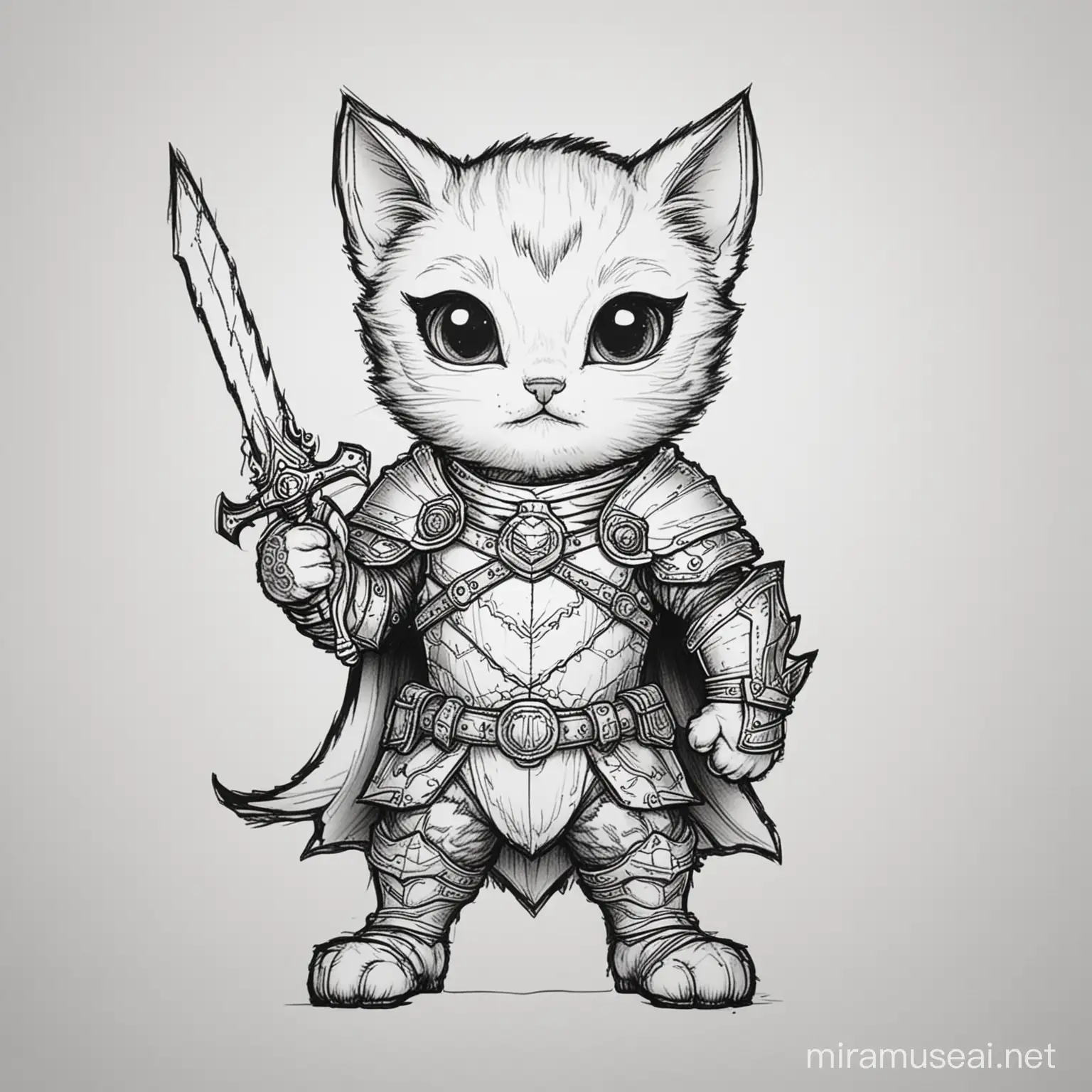 a kitten knight in a hero pose with bold black lines for a coloring book