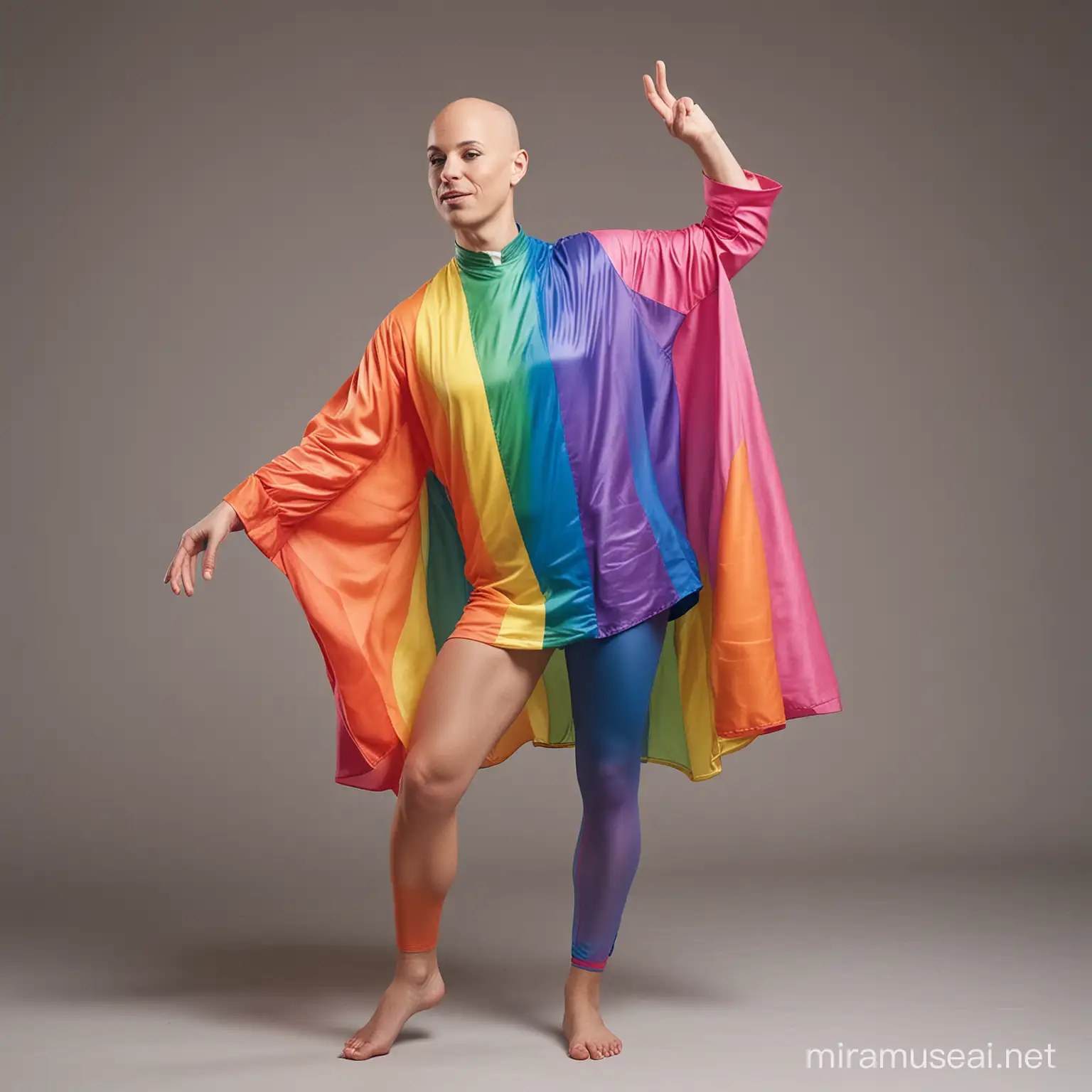 A young man in his forties, with a bald head and a feminine body, wearing women’s clothing and no hair, swaying with sexual gestures and obscene gestures. He wears rainbow gay attire