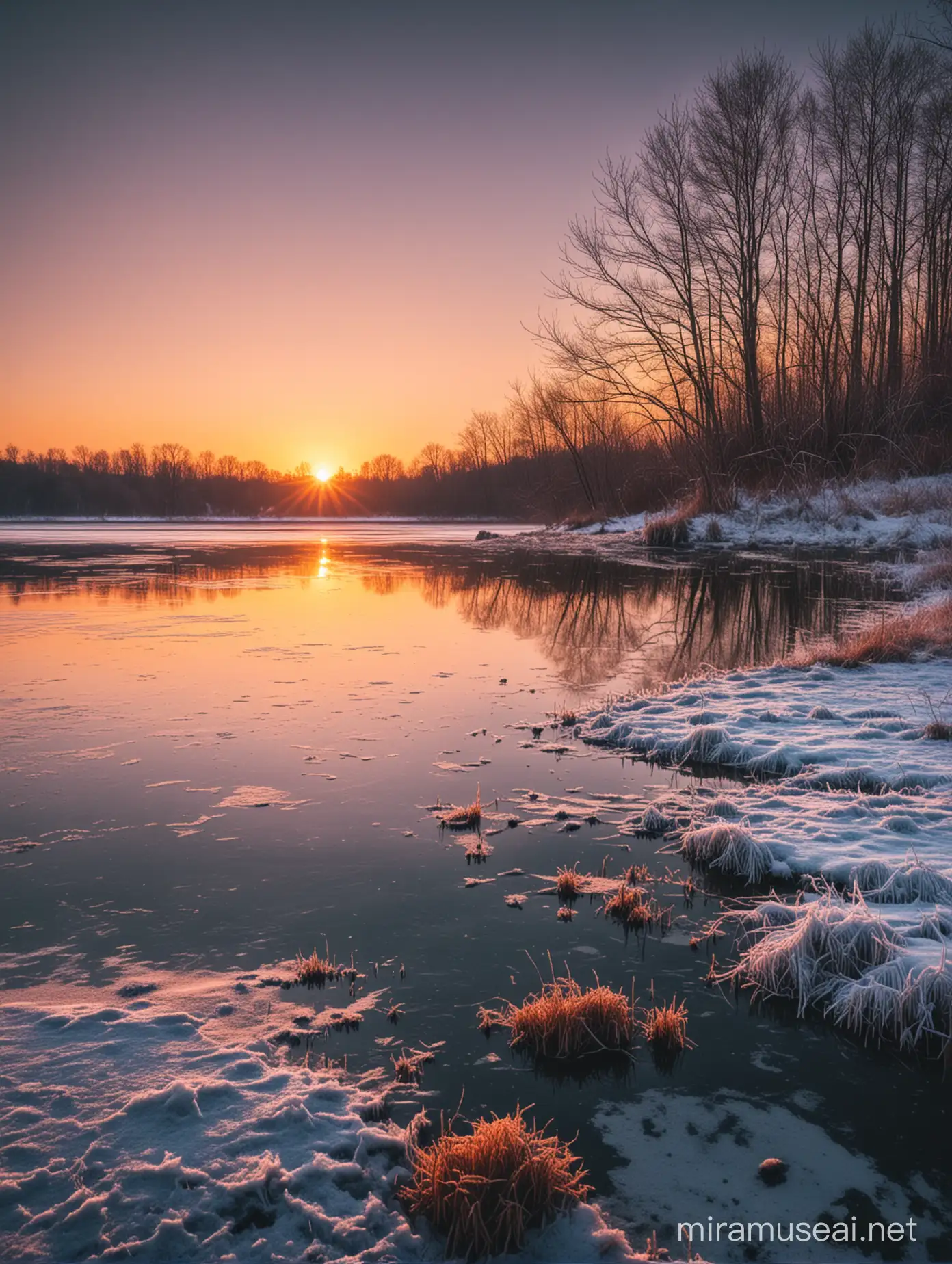 a wonderful photograph from a sunet near a frozen lake, serne feelings, nostalgic vibes, wonderful colors