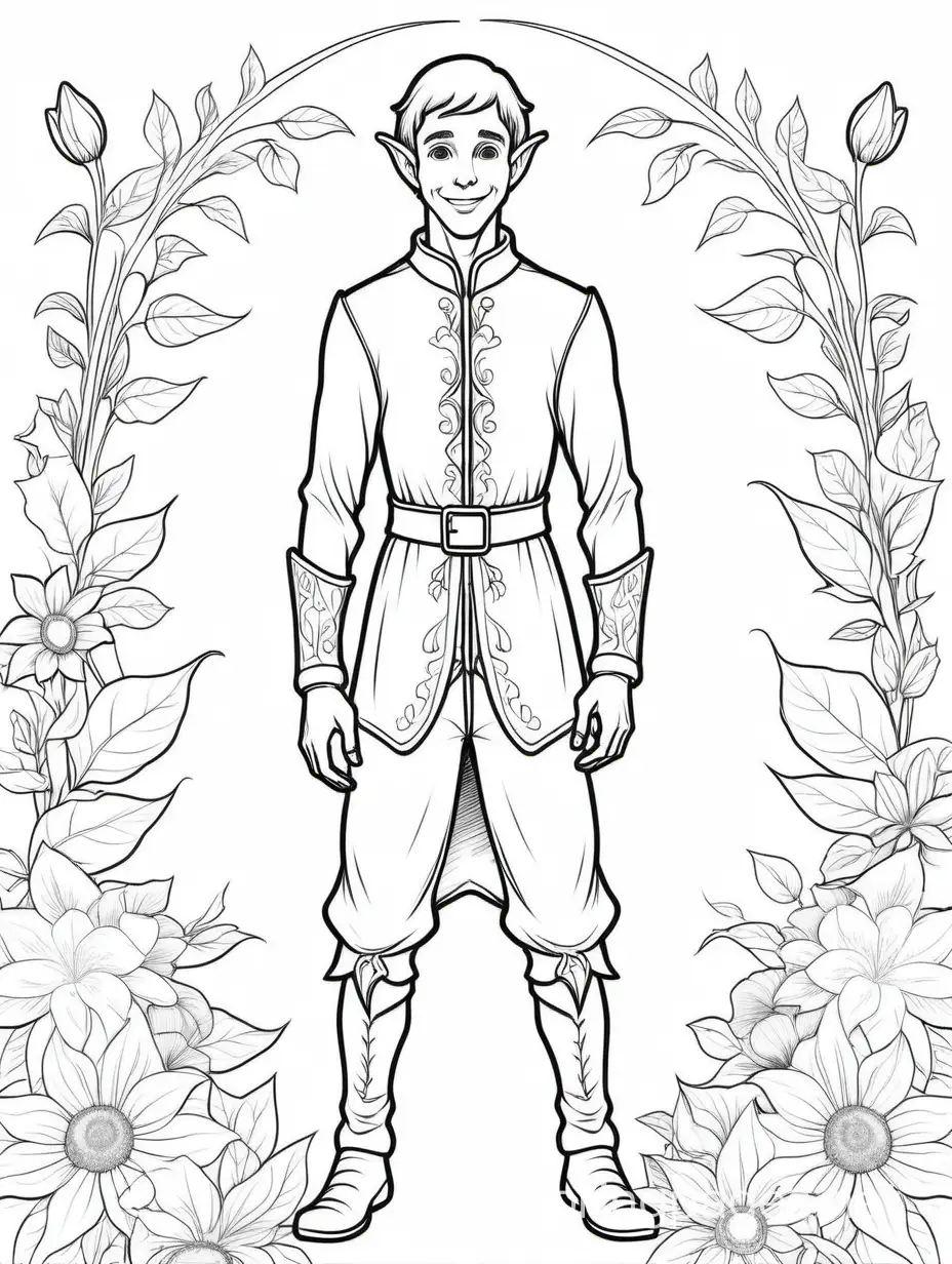 thin black lines, white background, a beautiful young thin, happy male elf with normal human ears. Full body view  of the elf. The elf has normal human ears and stands in a patch of flowers , The elf has normal human ears., Coloring Page, black and white, line art, white background, Simplicity, Ample White Space. The background of the coloring page is plain white to make it easy for young children to color within the lines. The outlines of all the subjects are easy to distinguish, making it simple for kids to color without too much difficulty