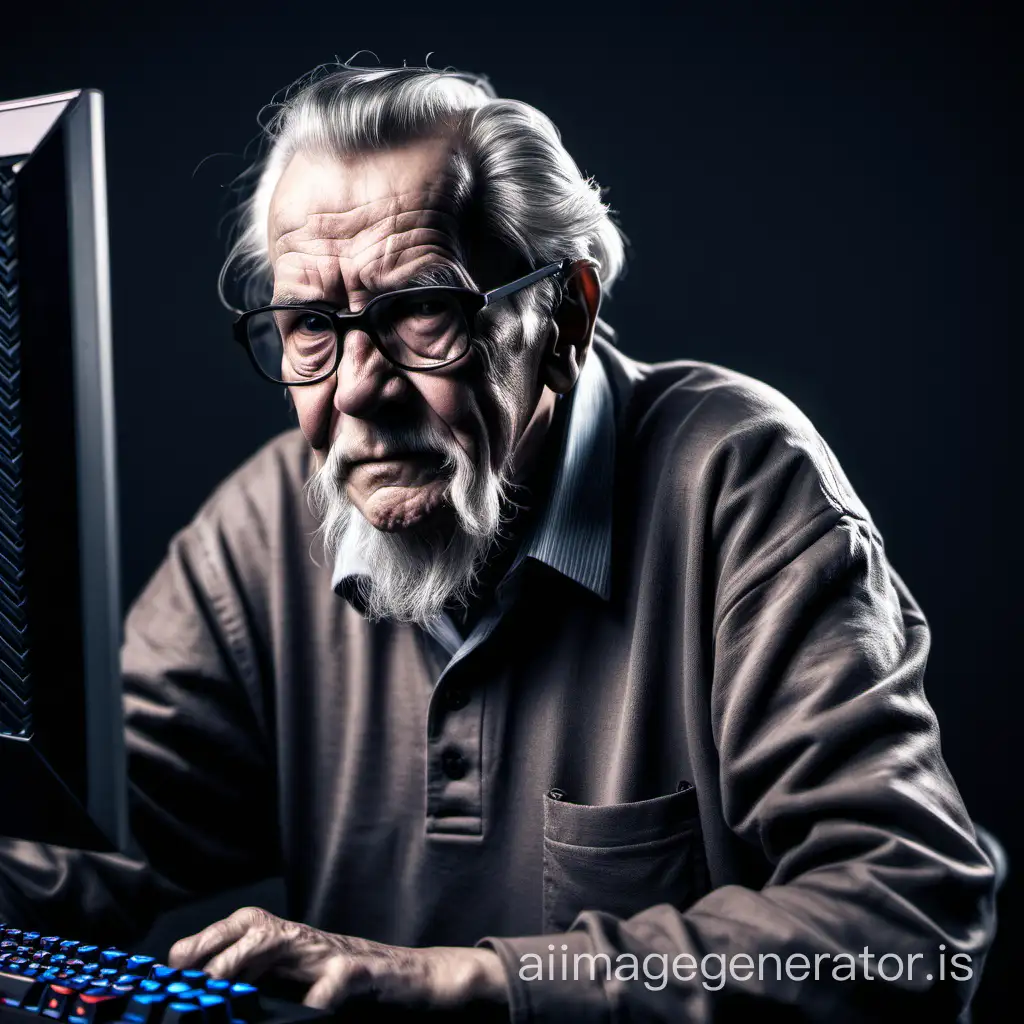 Oldman gamer, sitting next to PC