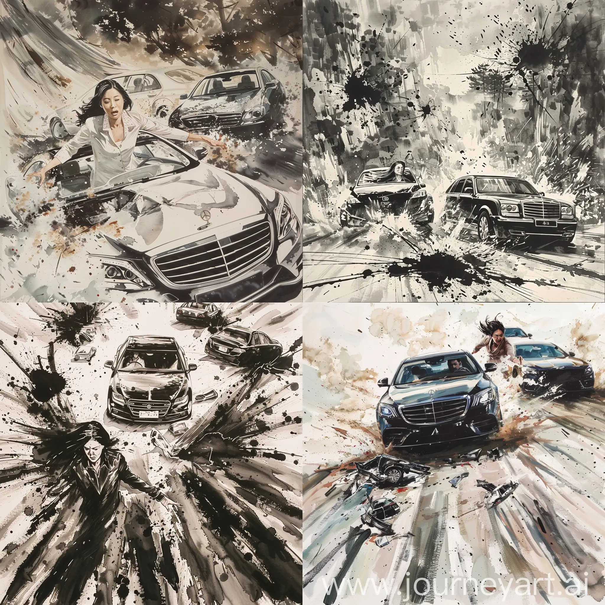 Fierce-Mother-Rushing-to-Aid-Two-Broken-Cars-in-Ink-Painting-Style