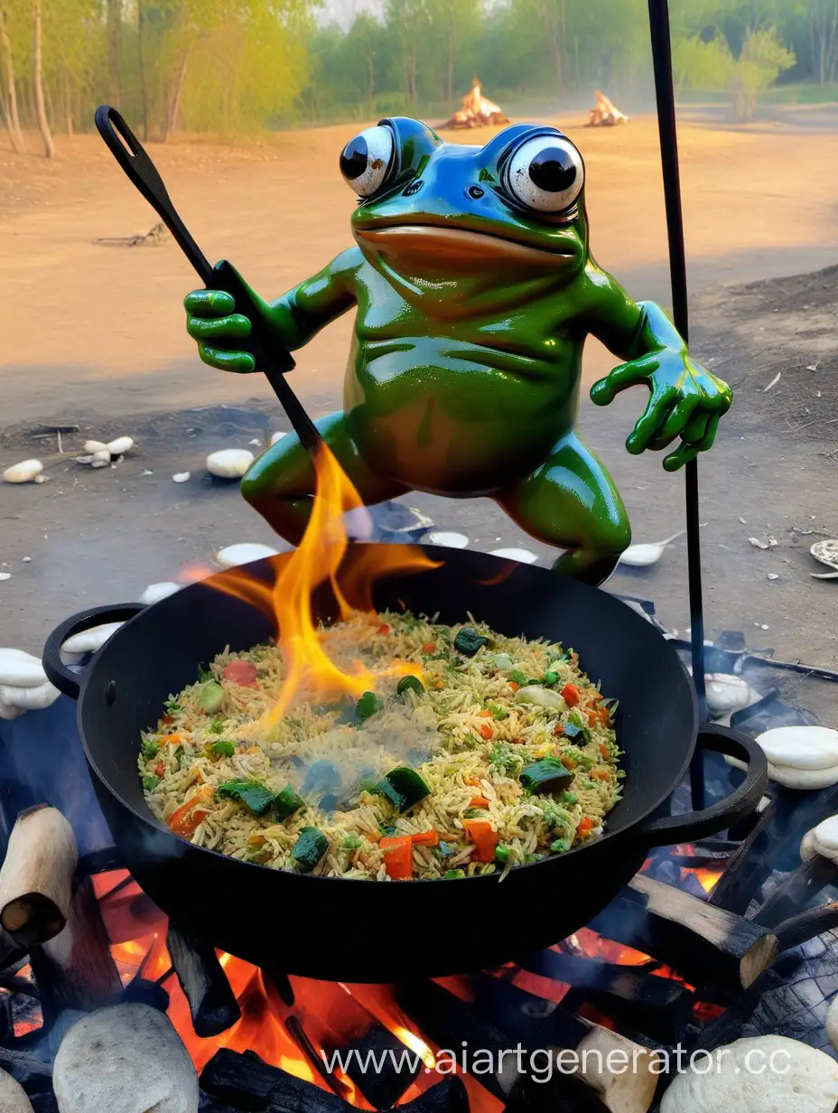 The chubby crazy frog is cooking Uzbek pilaf over the fire