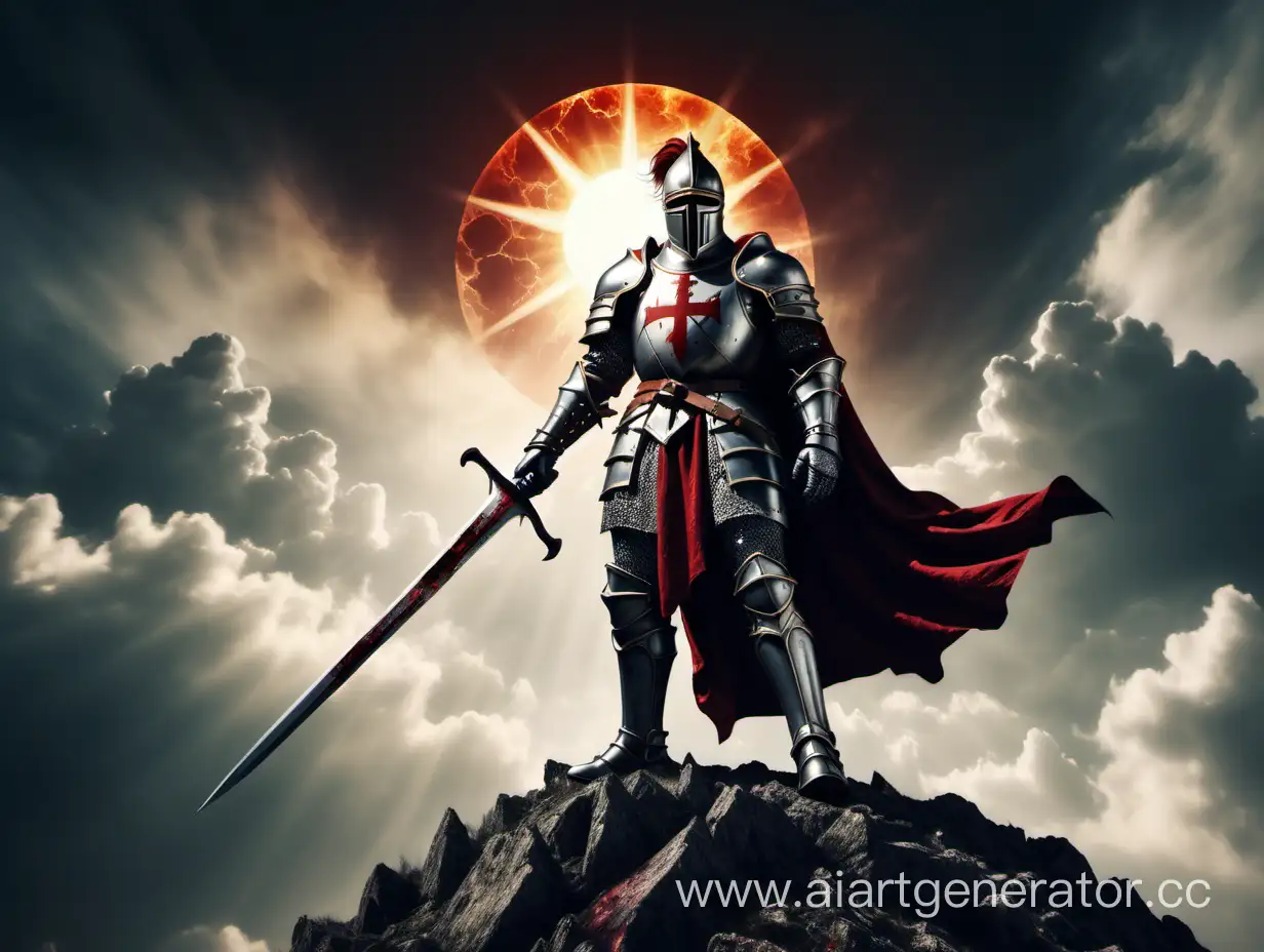 Рыцарь "крестоносец" стоит на горе, в правой руке большой меч поднятый в небо. Тучи и кровавое солнце 