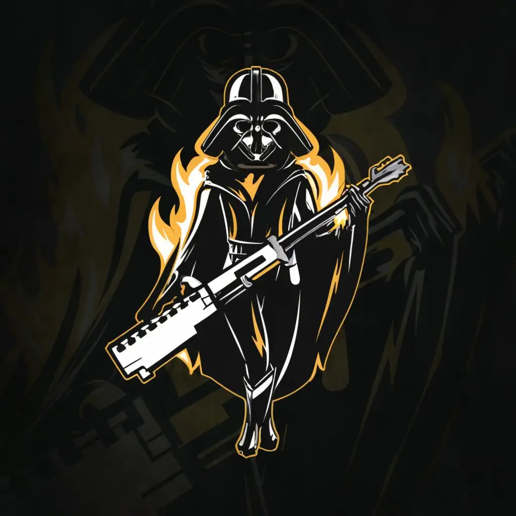 a logo design,with the text 'Vaderella', main symbol: keytar, flames, female darth vader with hooded cape,complex,be used in Events industry,clear background
