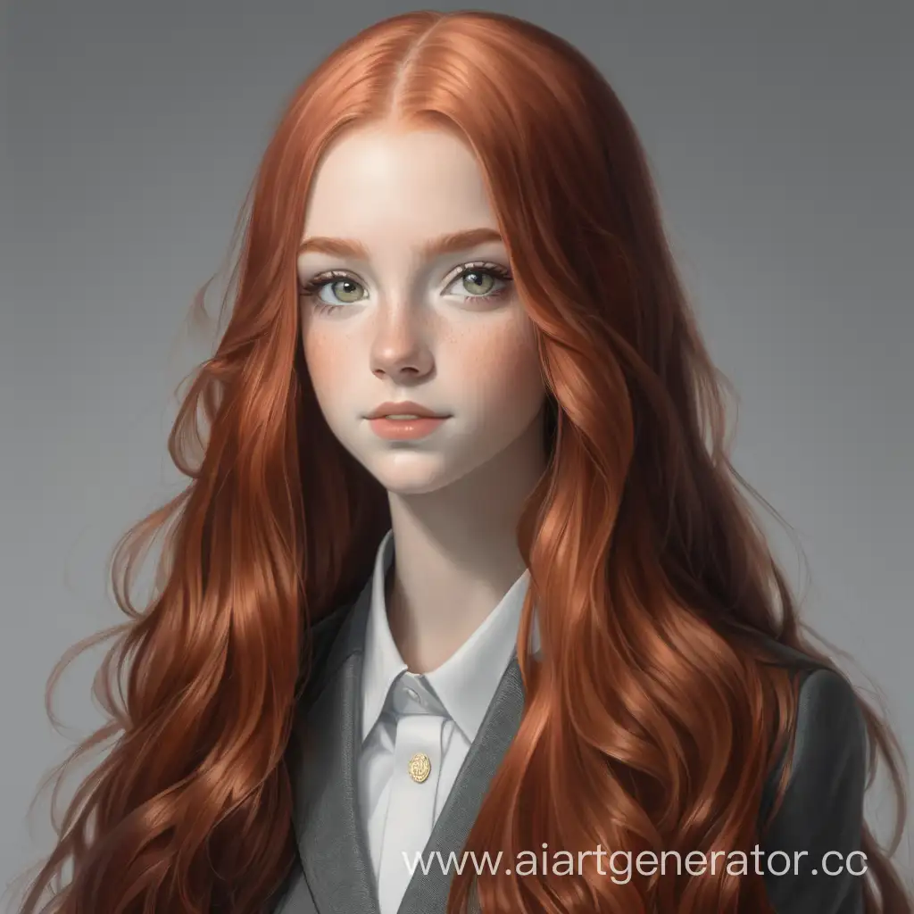Successful wealthy young girl with long red hair and gray eyes